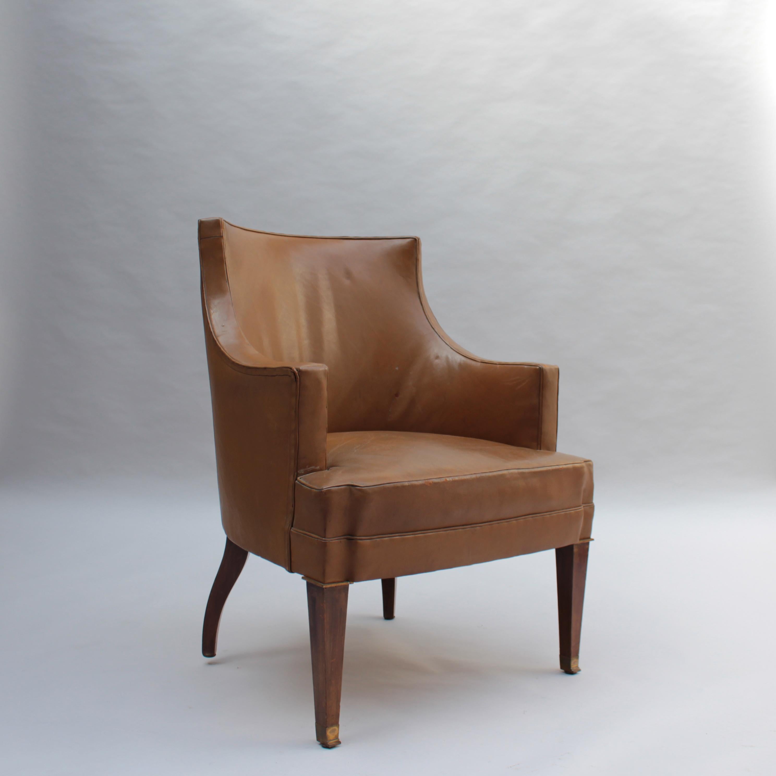 Mid-Century Modern Fine French 1950s Mahogany and Leather Armchair by Jacques Quinet For Sale