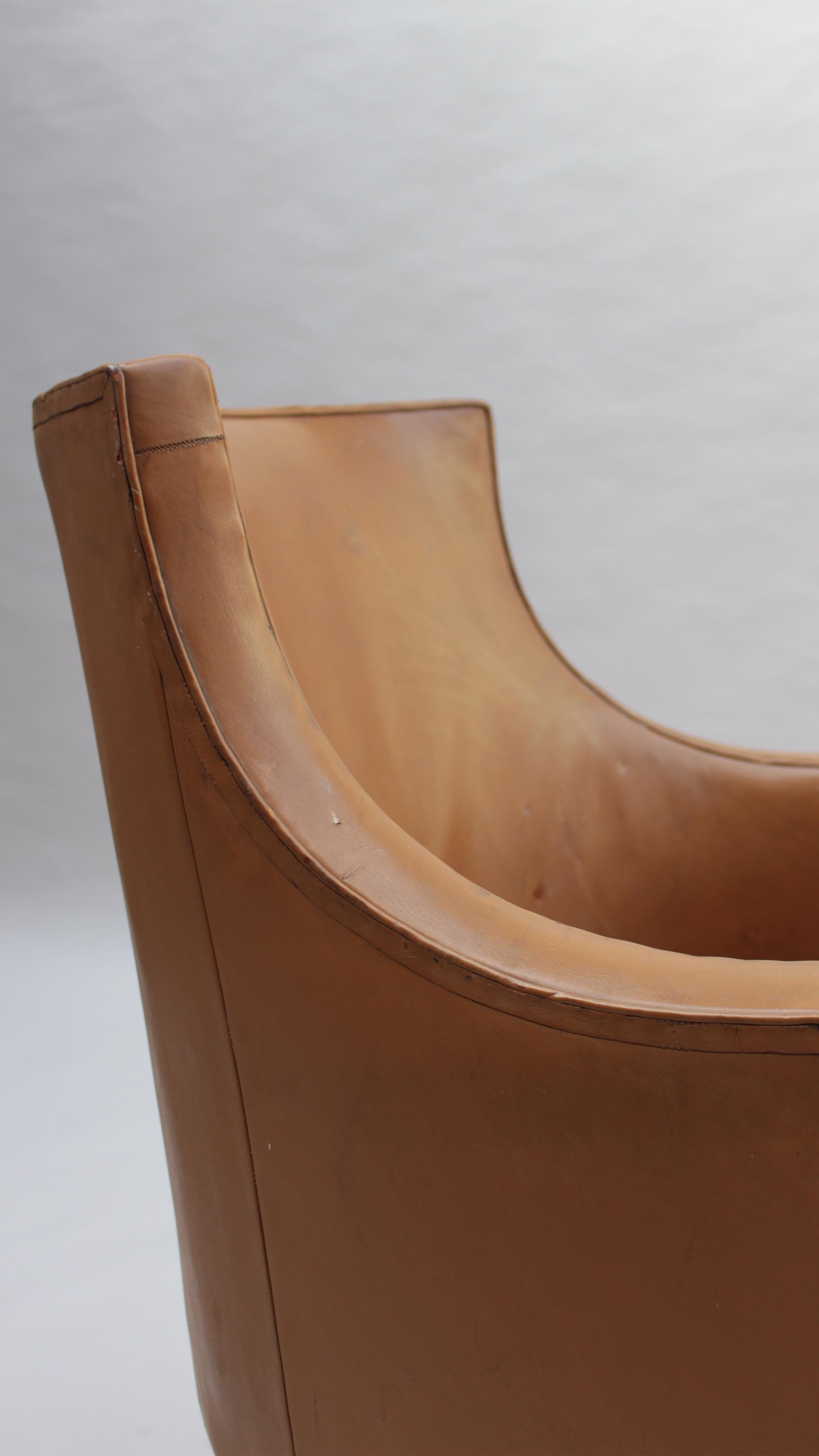 Wood Fine French 1950s Mahogany and Leather Armchair by Jacques Quinet For Sale