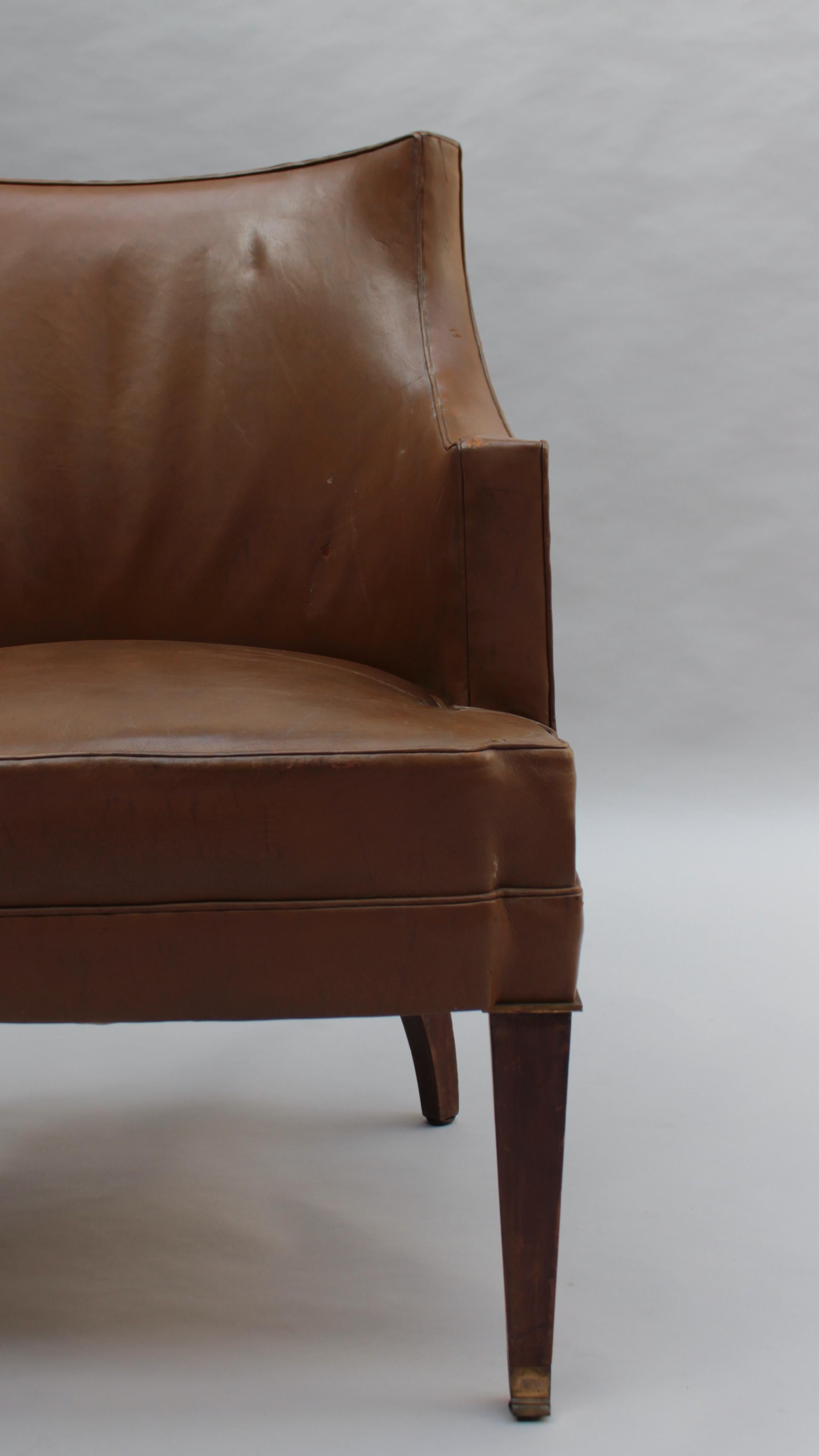 Fine French 1950s Mahogany and Leather Armchair by Jacques Quinet For Sale 2