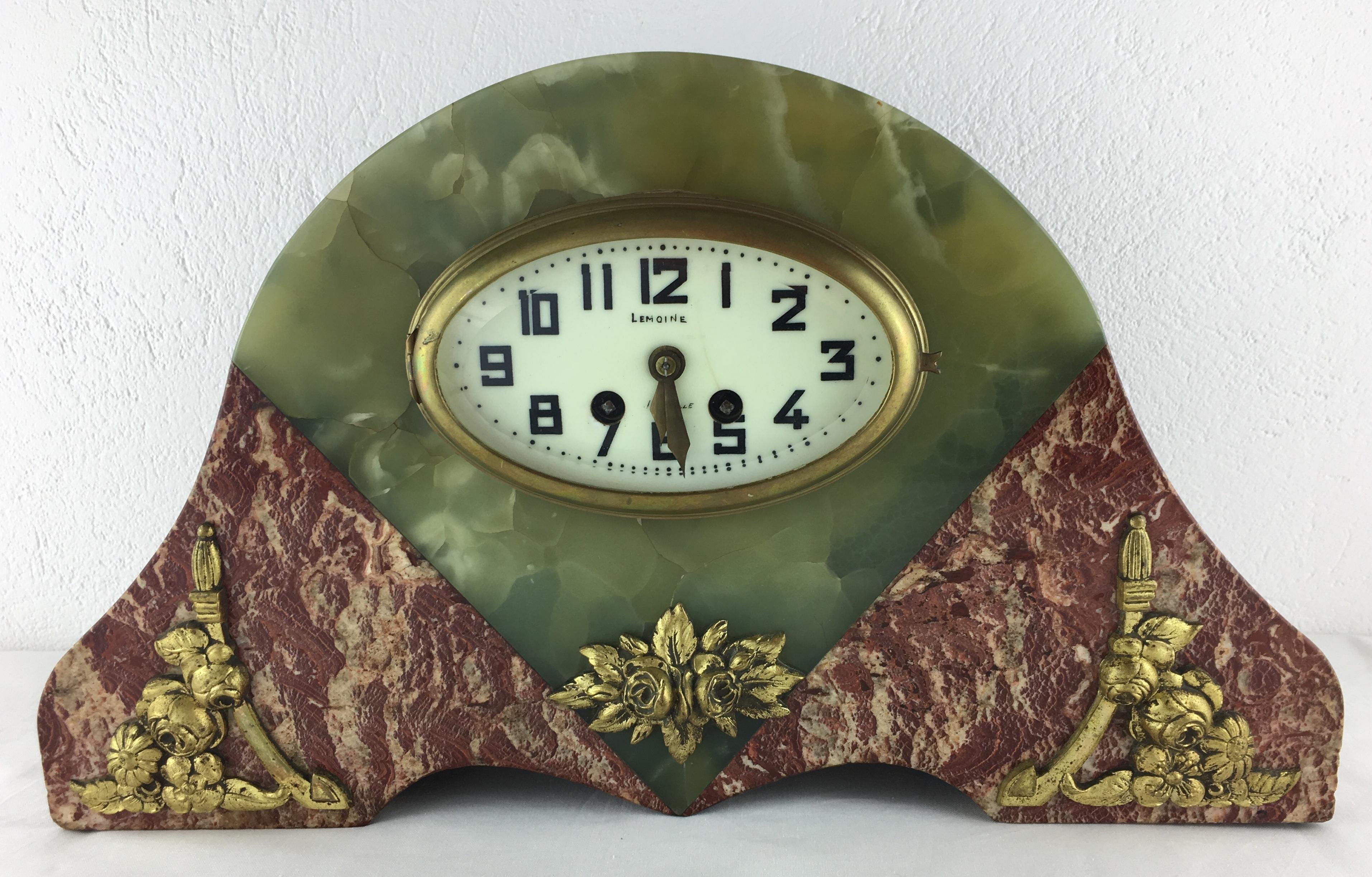 Art Deco Mantel Clock Marble and Onyx Set by Lemoine Bonnet & Pottier 4