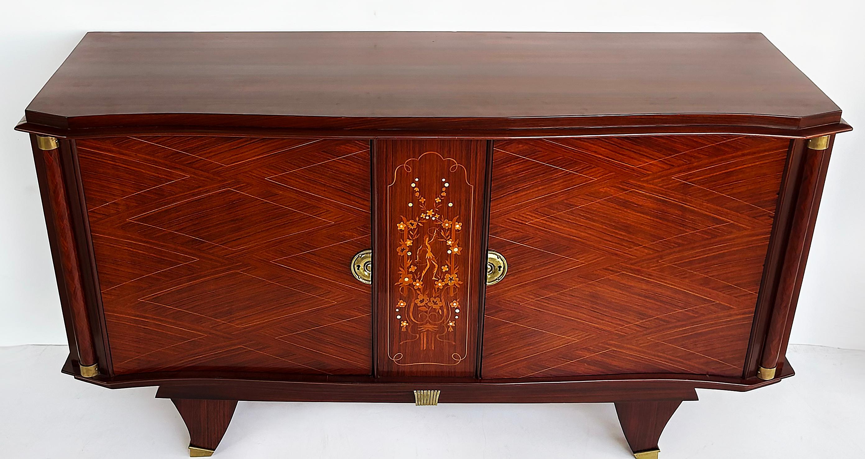 20th Century Fine French Art Deco Marquetry Inlay Cabinet, Jules Leleu Attributed For Sale