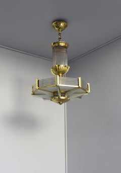 Fine French Art Deco Octagonal Bronze and Glass Chandelier by Petitot
