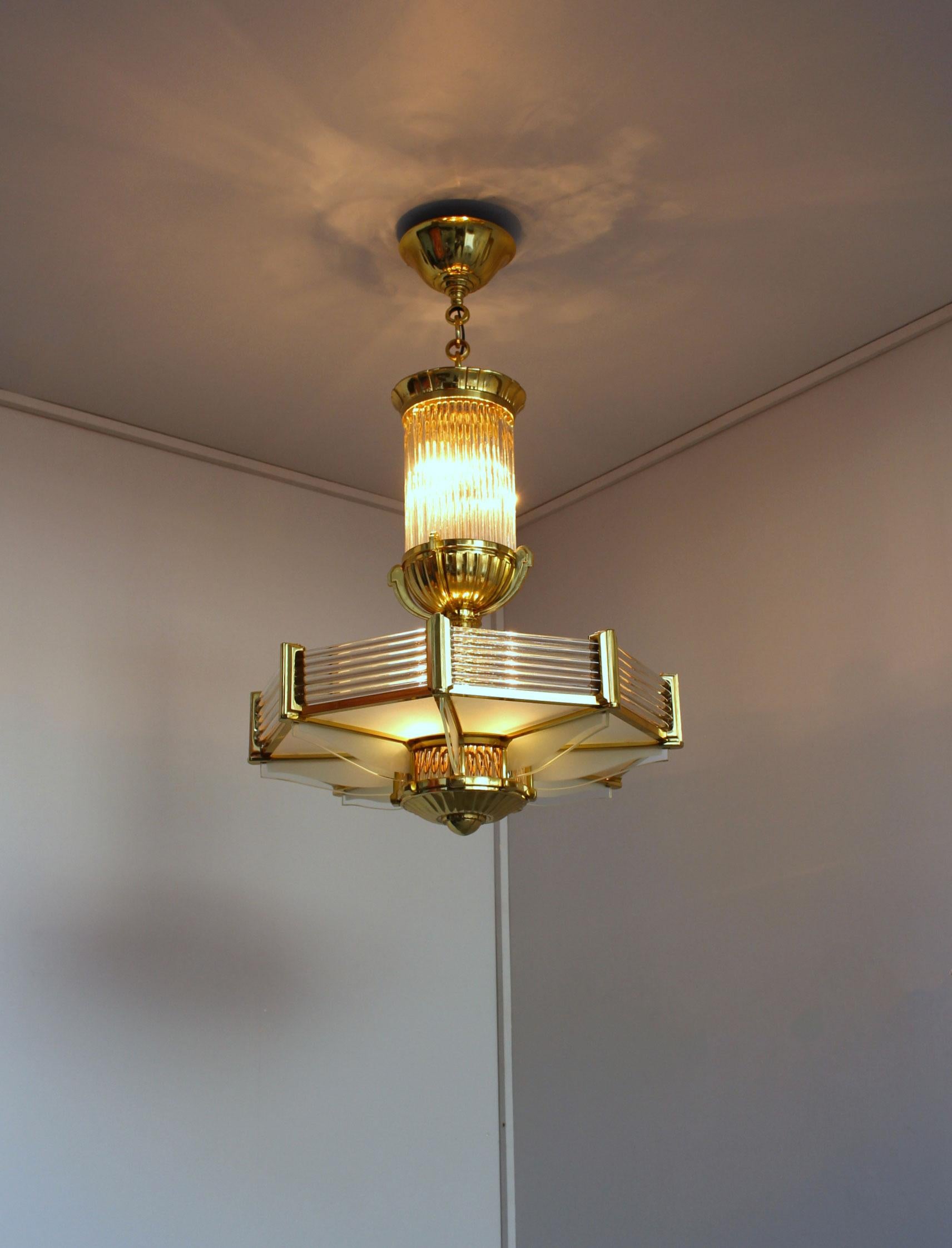 Fine French Art Deco Octagonal Bronze and Glass Chandelier by Petitot In Good Condition For Sale In Long Island City, NY