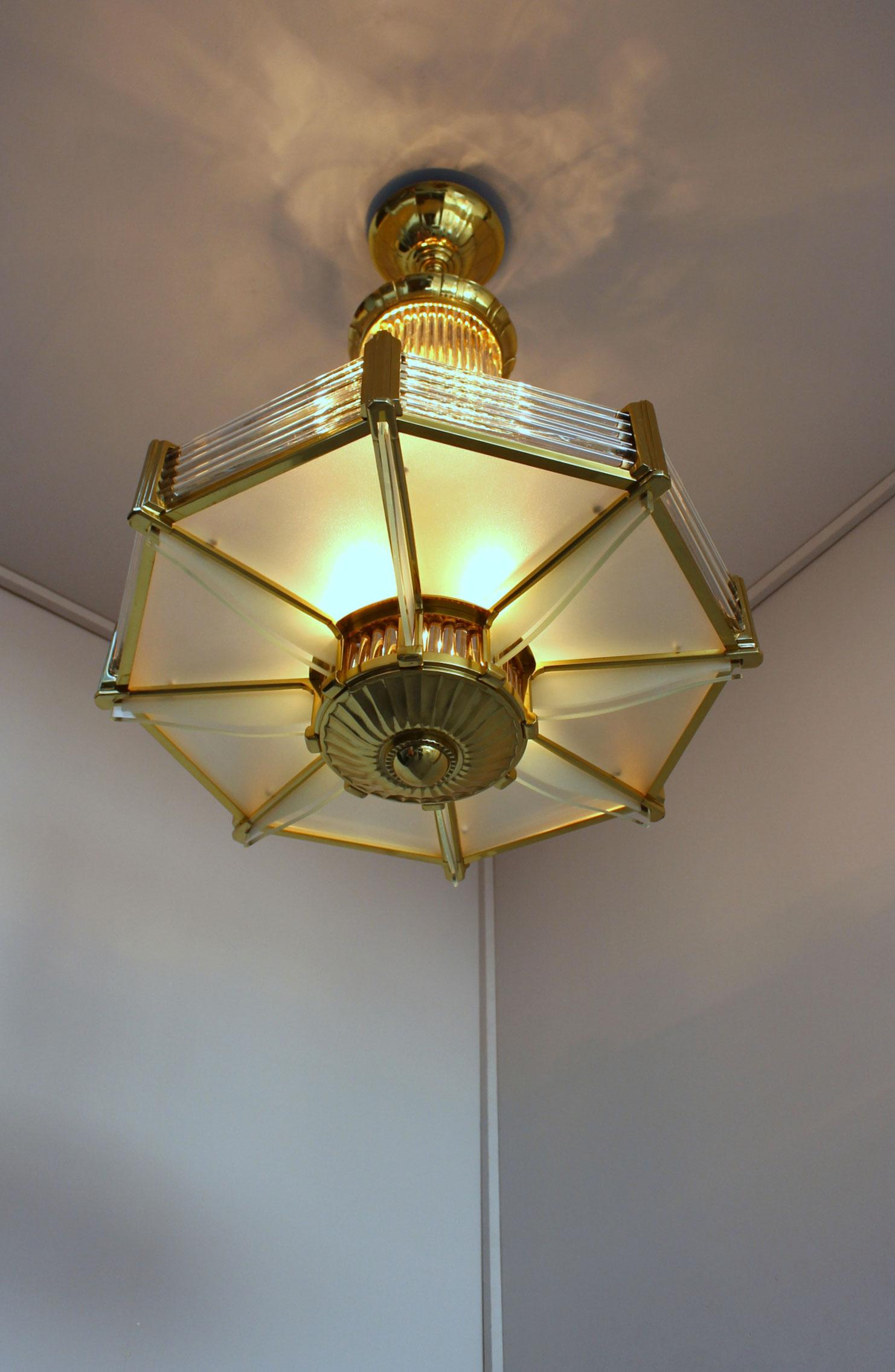 Fine French Art Deco Octagonal Bronze and Glass Chandelier by Petitot For Sale 2