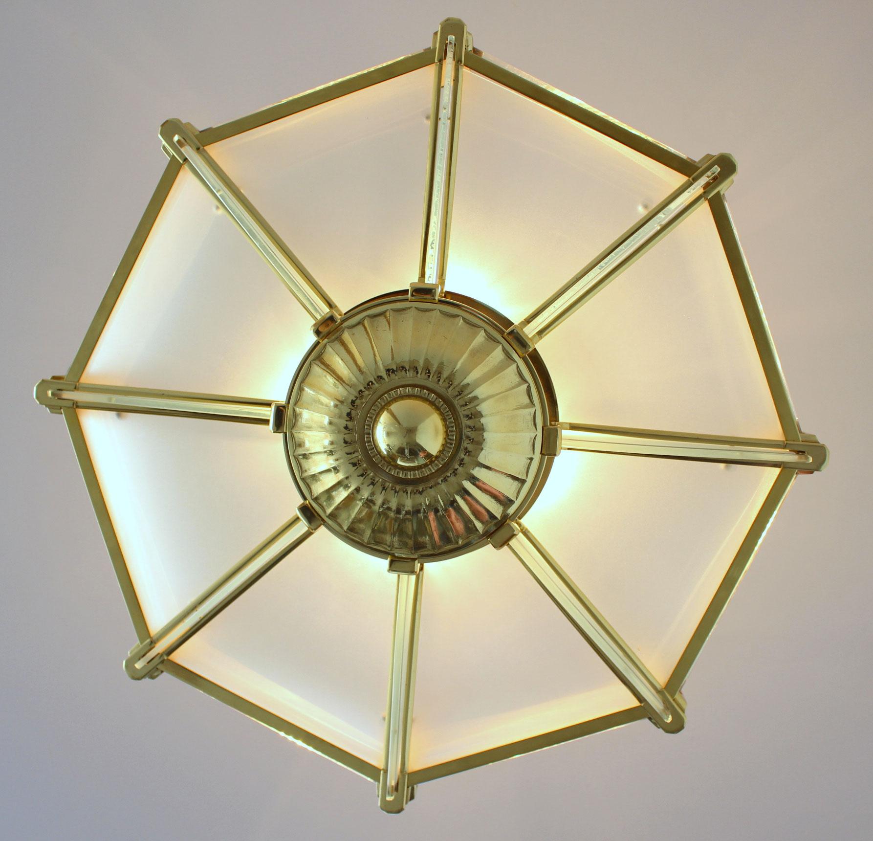 Fine French Art Deco Octagonal Bronze and Glass Chandelier by Petitot For Sale 4
