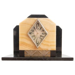 french marti Antique Fine French Art Deco Siena and Black Marble Triangular Dial Clock by Marti