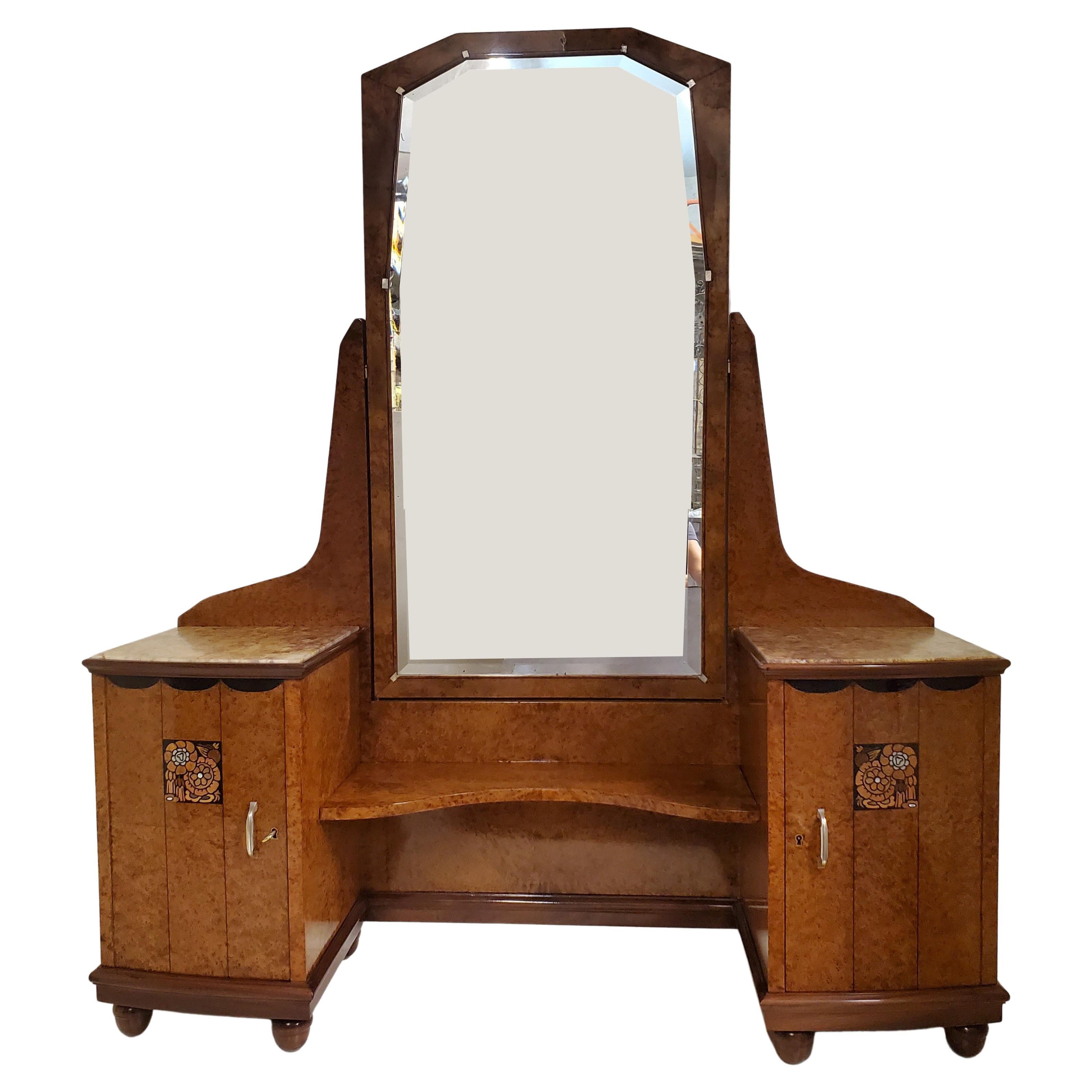 Fine French Art Deco Thuya Wood Vanity w/ dressing mirror, Maurice Dufrène