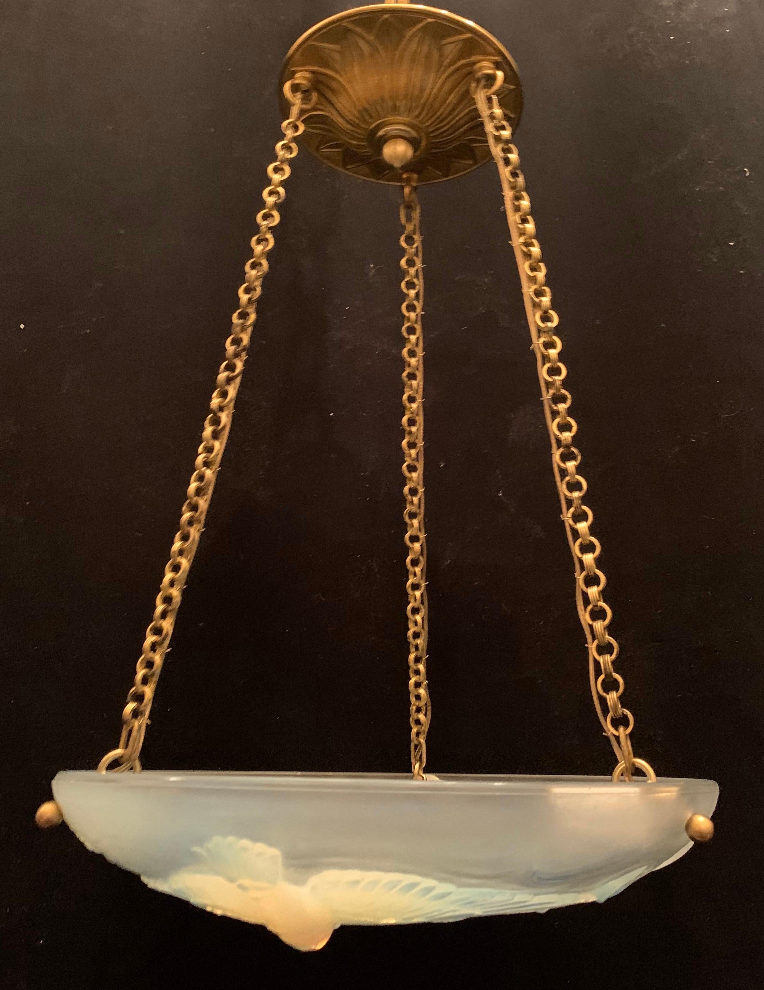 Bronze Fine French Art Deco Verlys Opalescent Glass Chandelier Kingfisher Birds Fish
