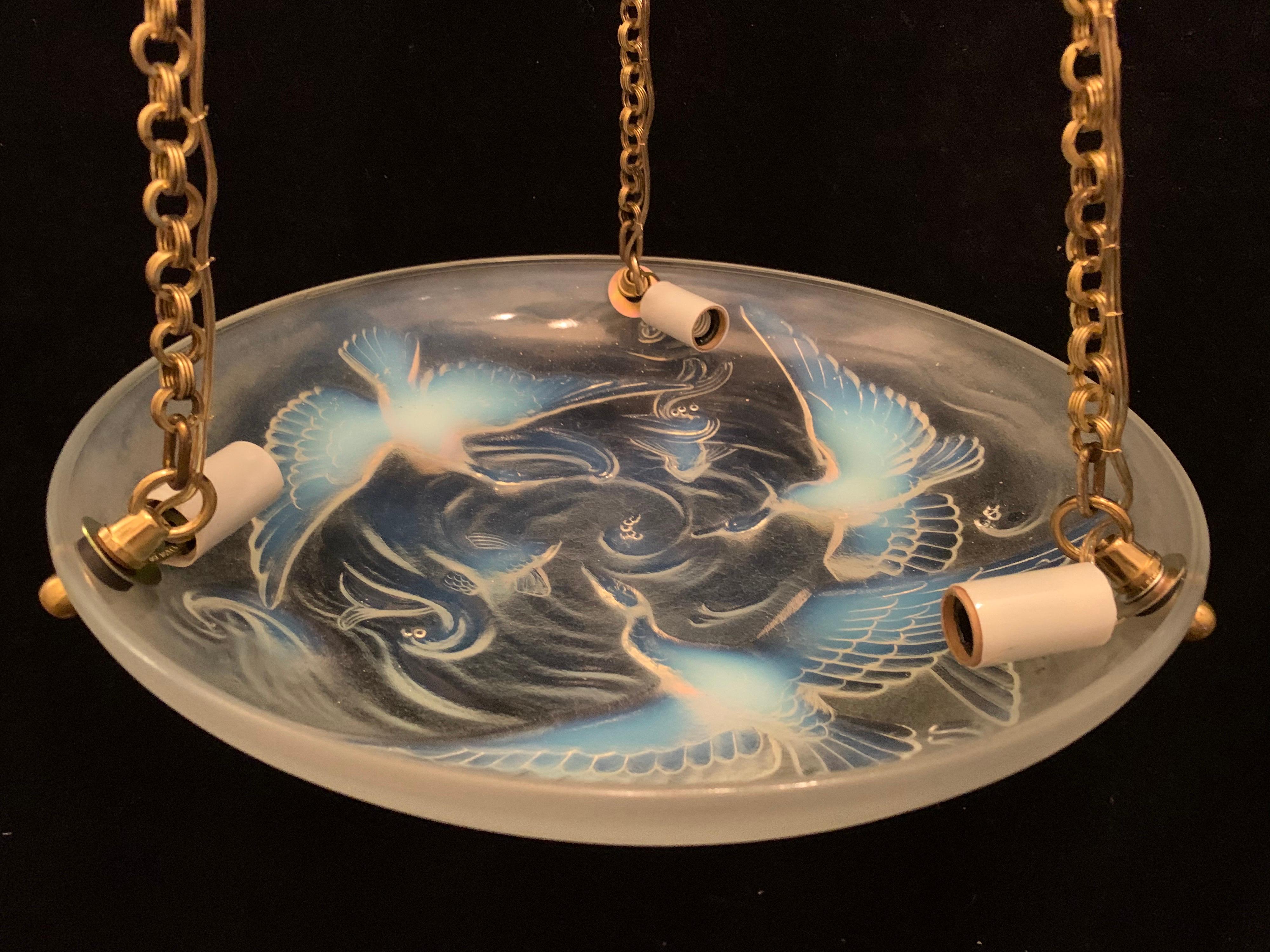 Fine French Art Deco Verlys Opalescent Glass Chandelier Kingfisher Birds Fish 1