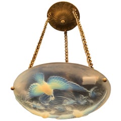Fine French Art Deco Verlys Opalescent Glass Chandelier Kingfisher Birds Fish