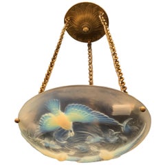 Fine French Art Deco Verlys Opalescent Glass Chandelier Kingfisher Birds Fish