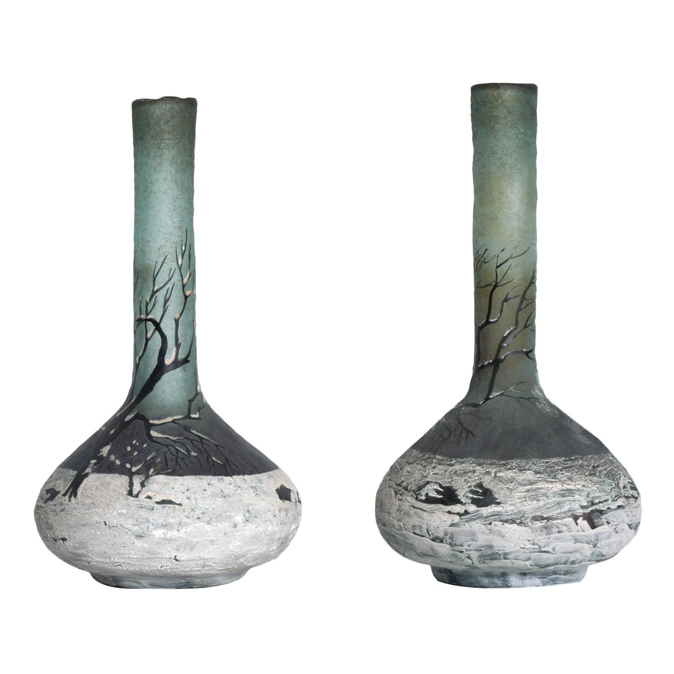 Fine French Art Glass Cameo Bud Vases by Andre Delatte 1920s Nancy, France