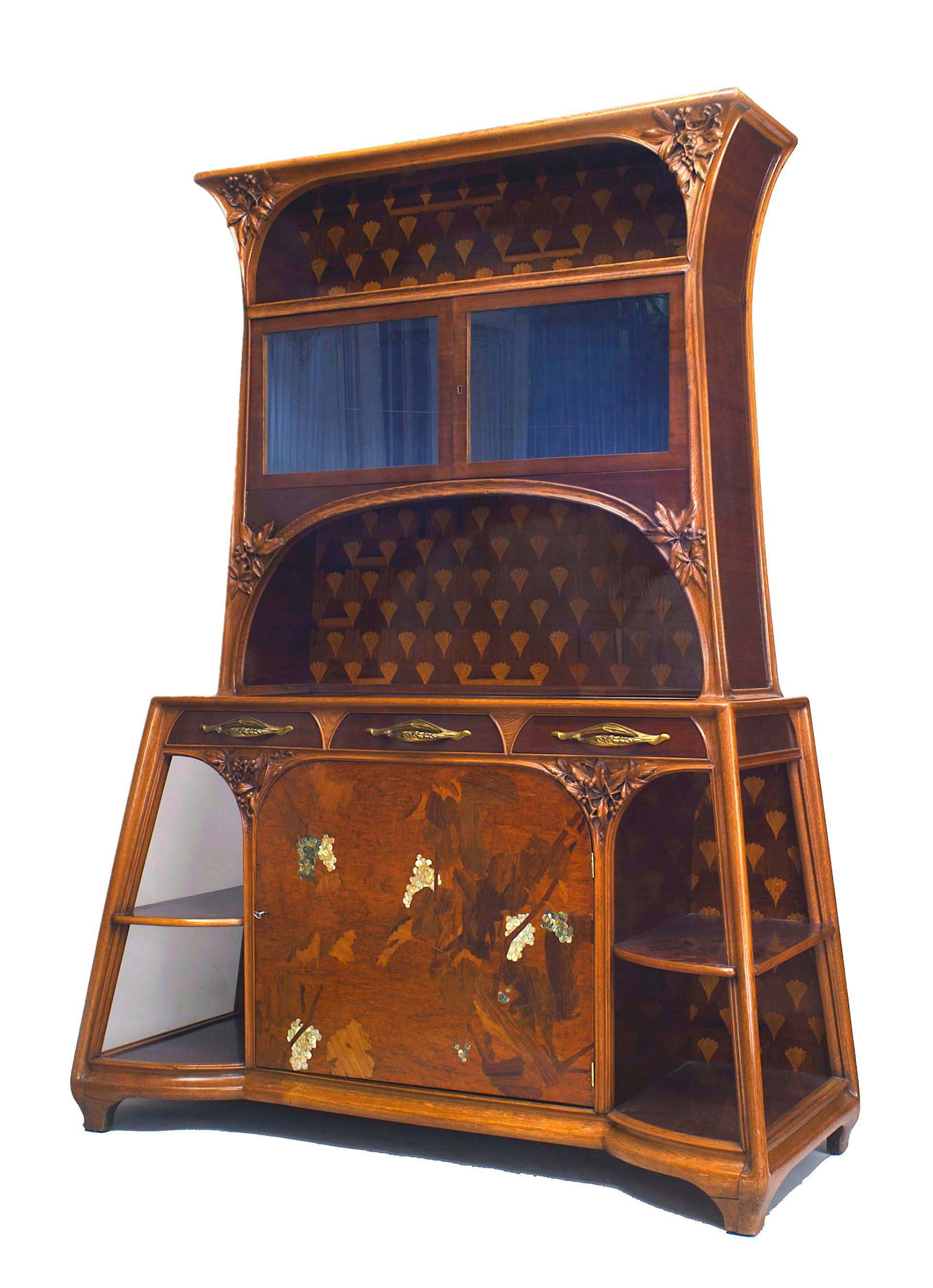 French Art Nouveau mahogany & walnut cupboard cabinet with floral inlay and carving and bronze drawer handles with 2 glass door upper structure (signed MAJORELLE)
