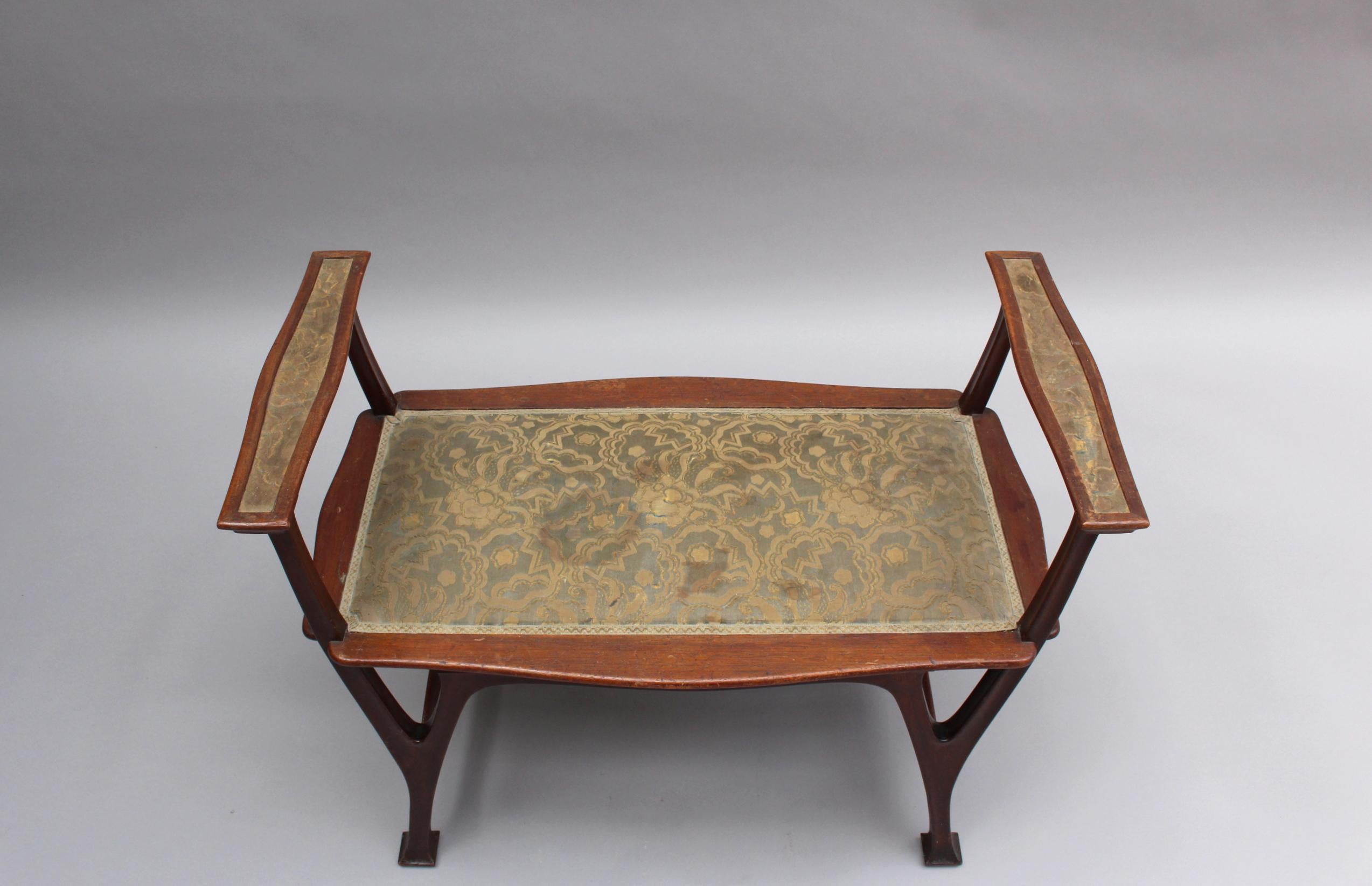 Fine French Art Nouveau Upholstered Mahogany Bench For Sale 1