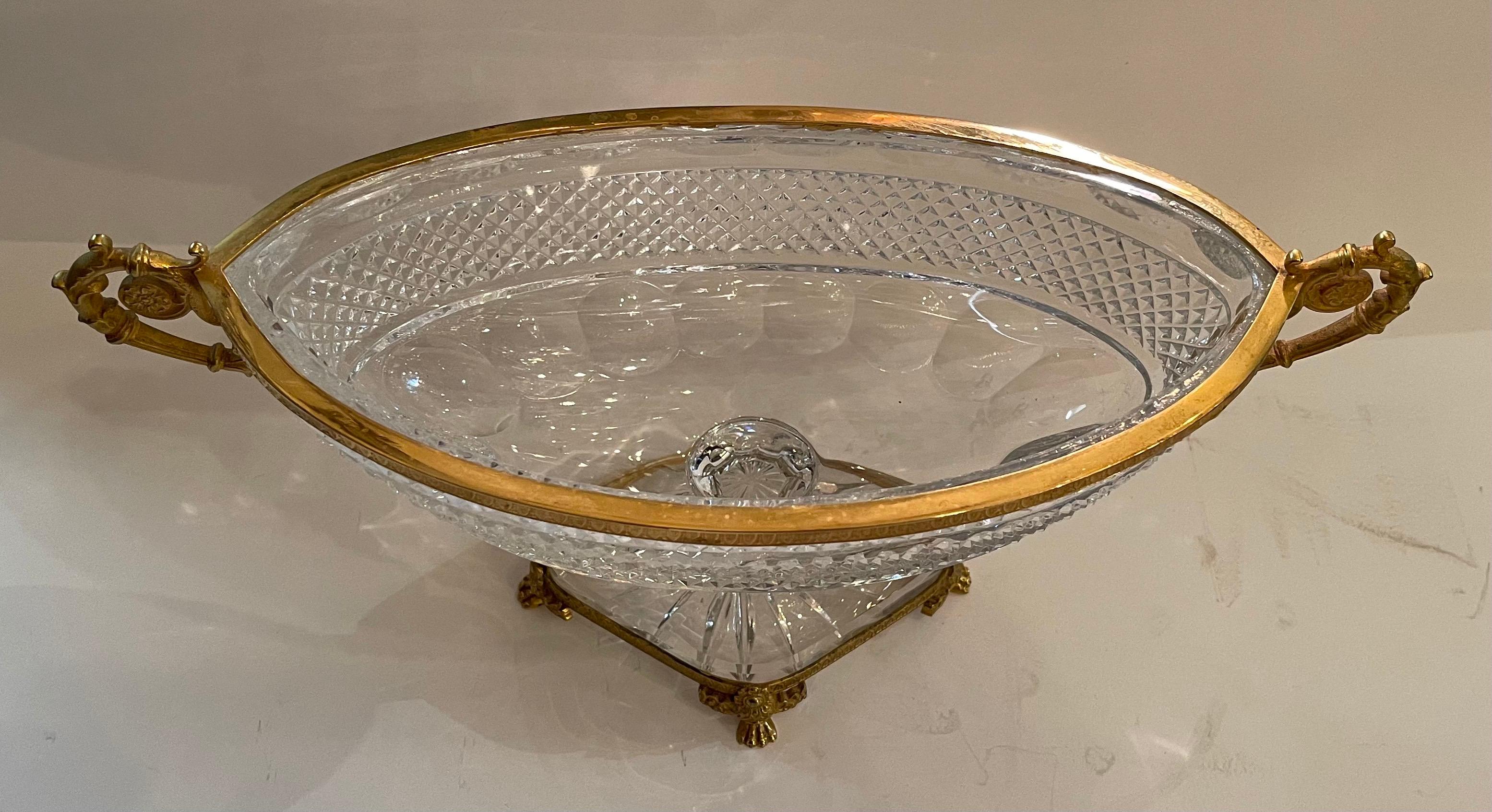 Neoclassical Fine French Baccarat Ormolu Bronze Paw Foot Diamond Cut Crystal Oval Centerpiece