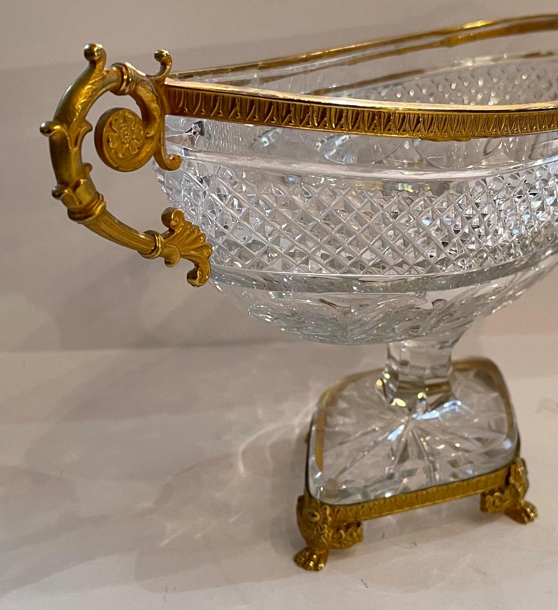 Fine French Baccarat Ormolu Bronze Paw Foot Diamond Cut Crystal Oval Centerpiece In Good Condition In Roslyn, NY