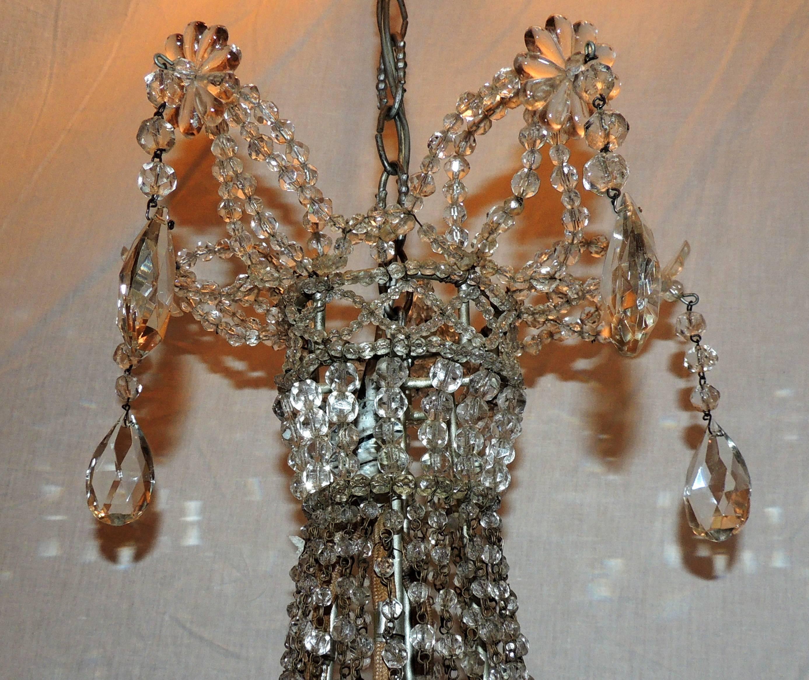 Belle Époque Fine French Beaded Crystal Basket Lattice Cascading Swag Chandelier Fixture For Sale