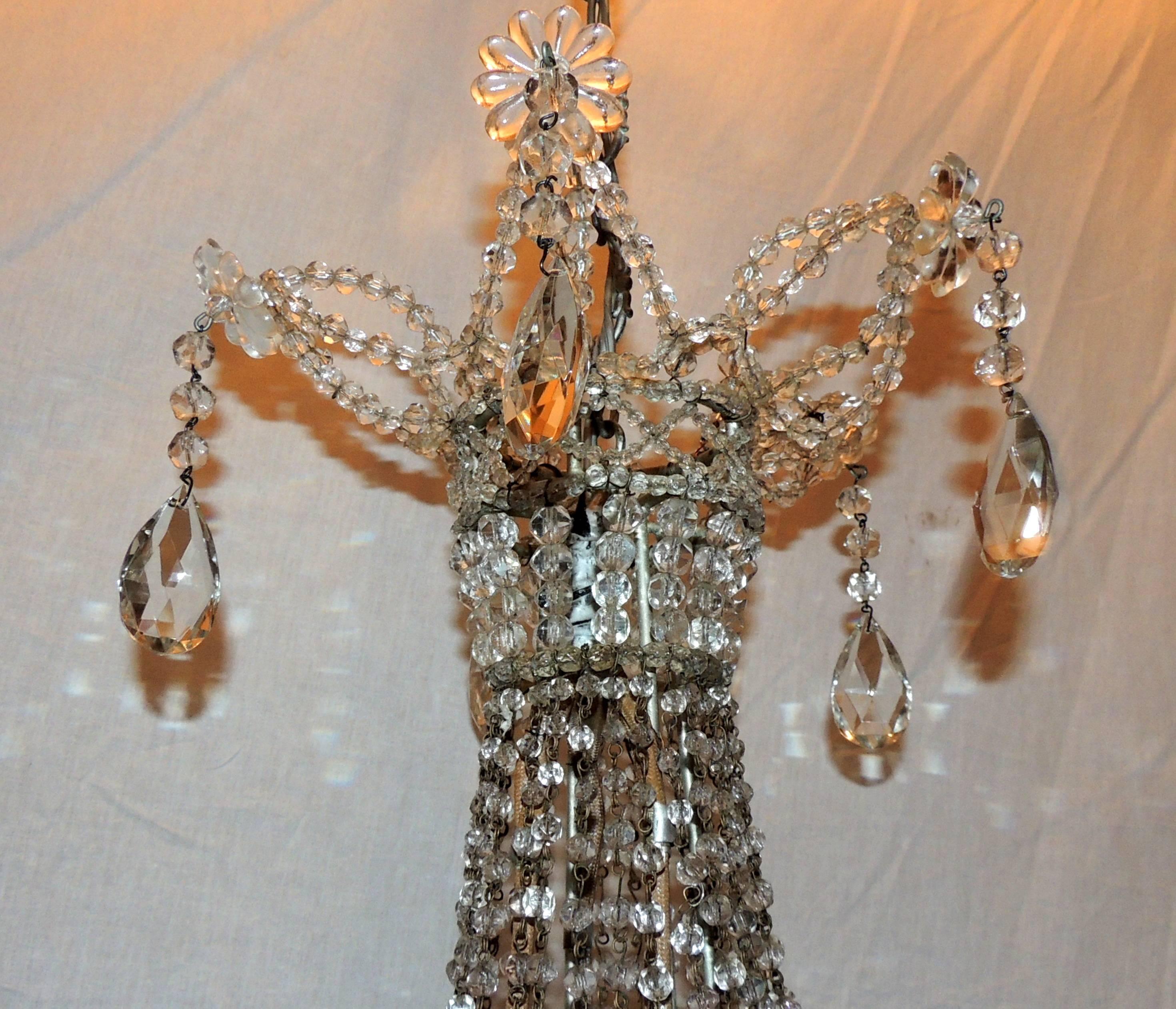 Fine French Beaded Crystal Basket Lattice Cascading Swag Chandelier Fixture In Good Condition For Sale In Roslyn, NY