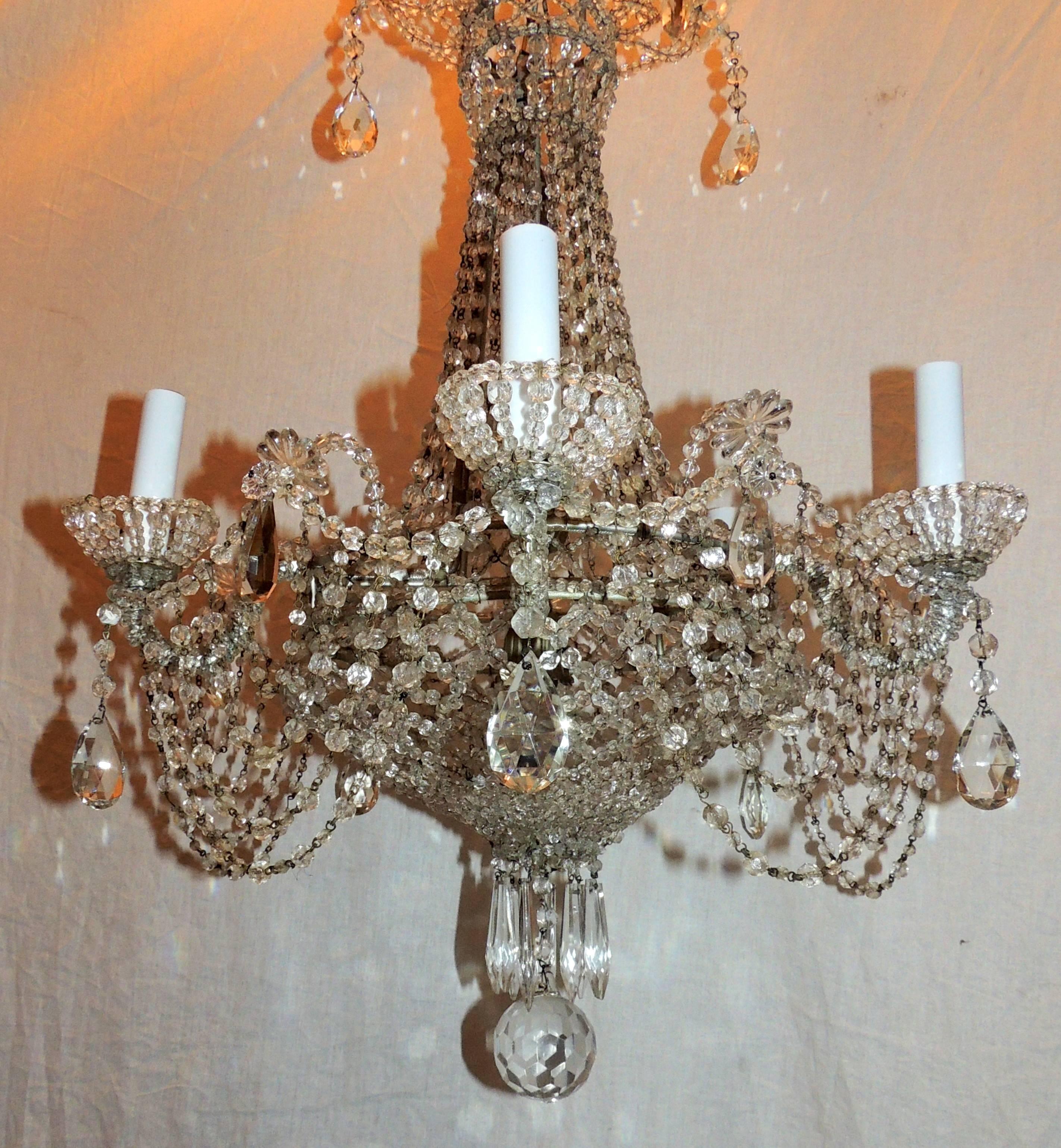 Mid-20th Century Fine French Beaded Crystal Basket Lattice Cascading Swag Chandelier Fixture For Sale