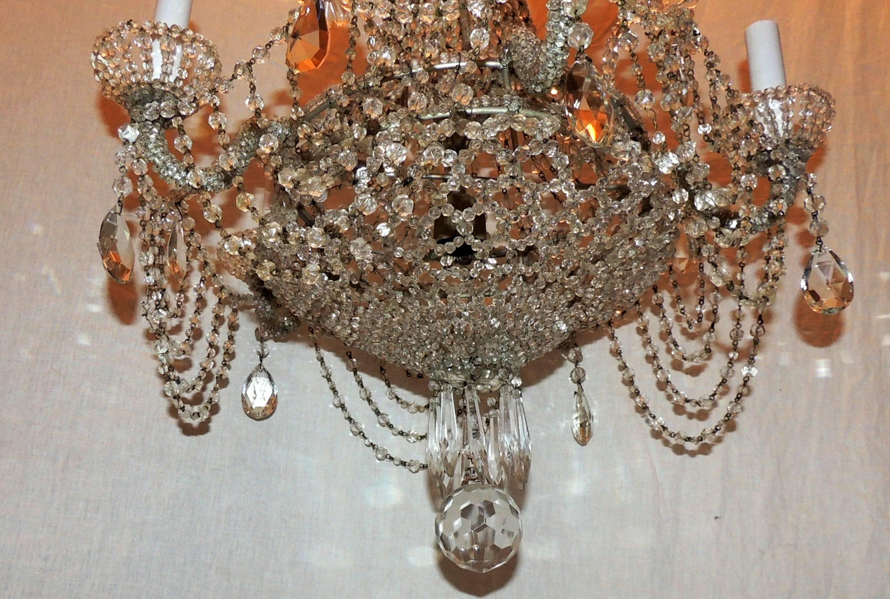 Fine French Beaded Crystal Basket Lattice Cascading Swag Chandelier Fixture For Sale 2