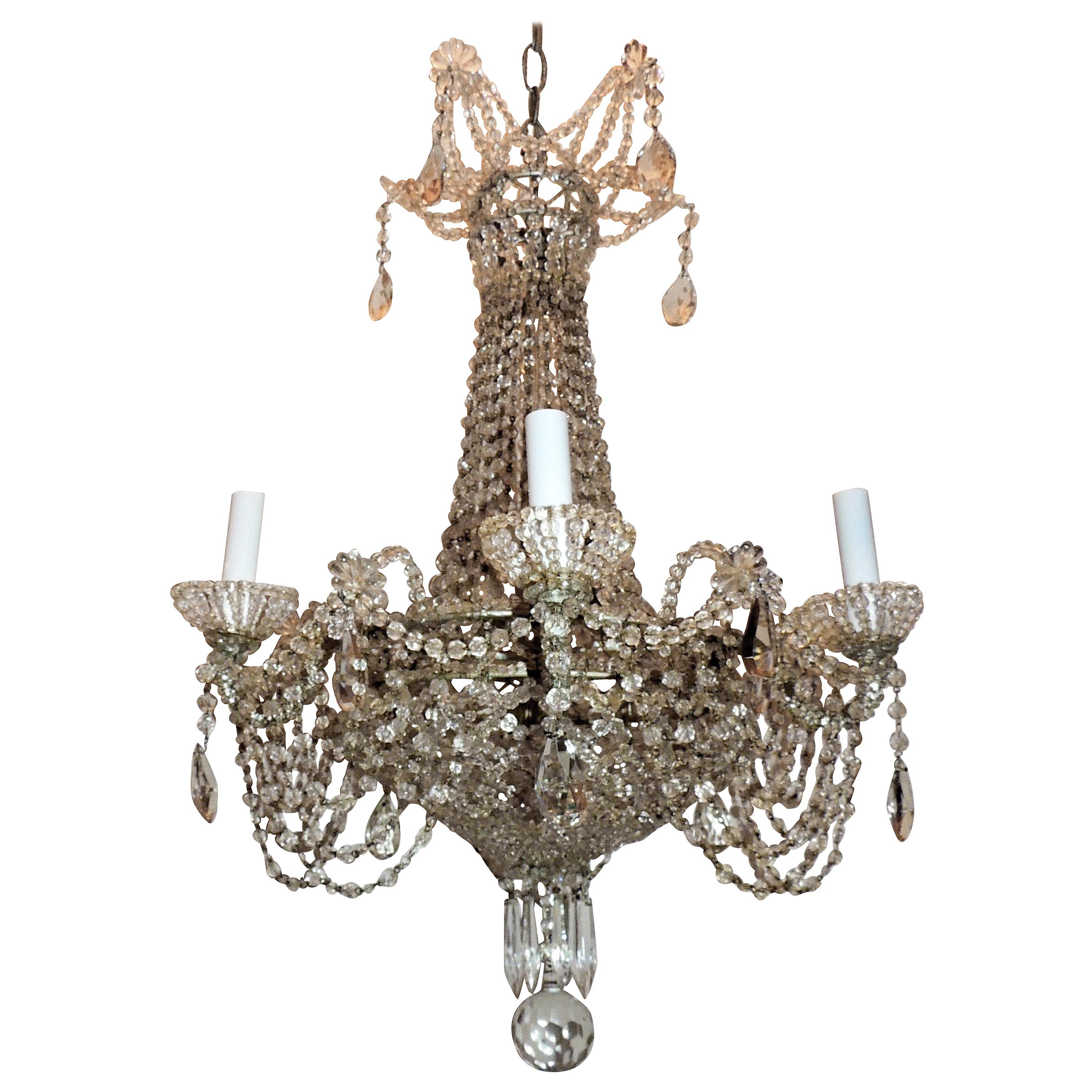 Fine French Beaded Crystal Basket Lattice Cascading Swag Chandelier Fixture For Sale