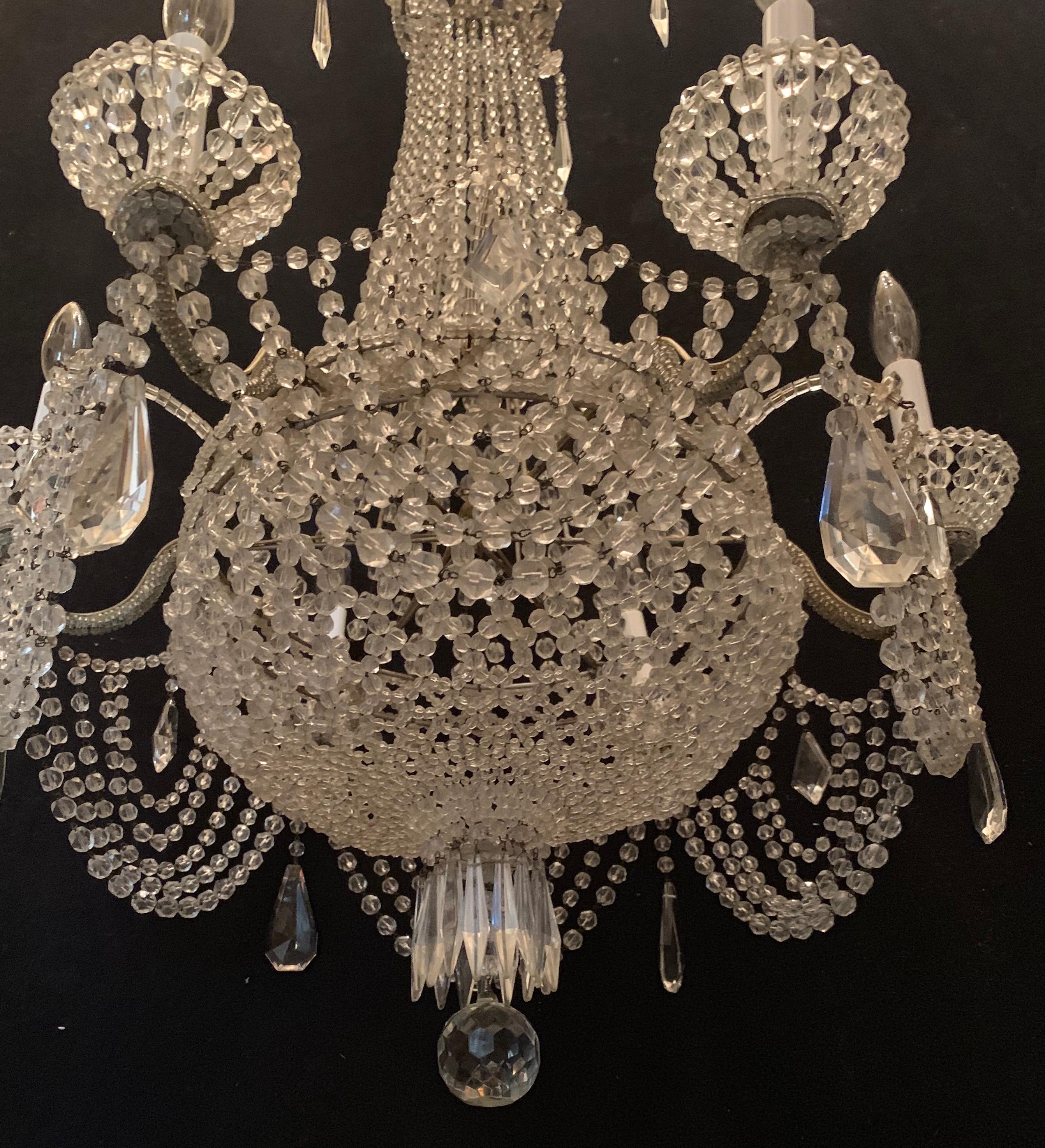 Fine French Beaded Crystal Basket Lattice Cascading Swag Large Chandelier In Good Condition For Sale In Roslyn, NY