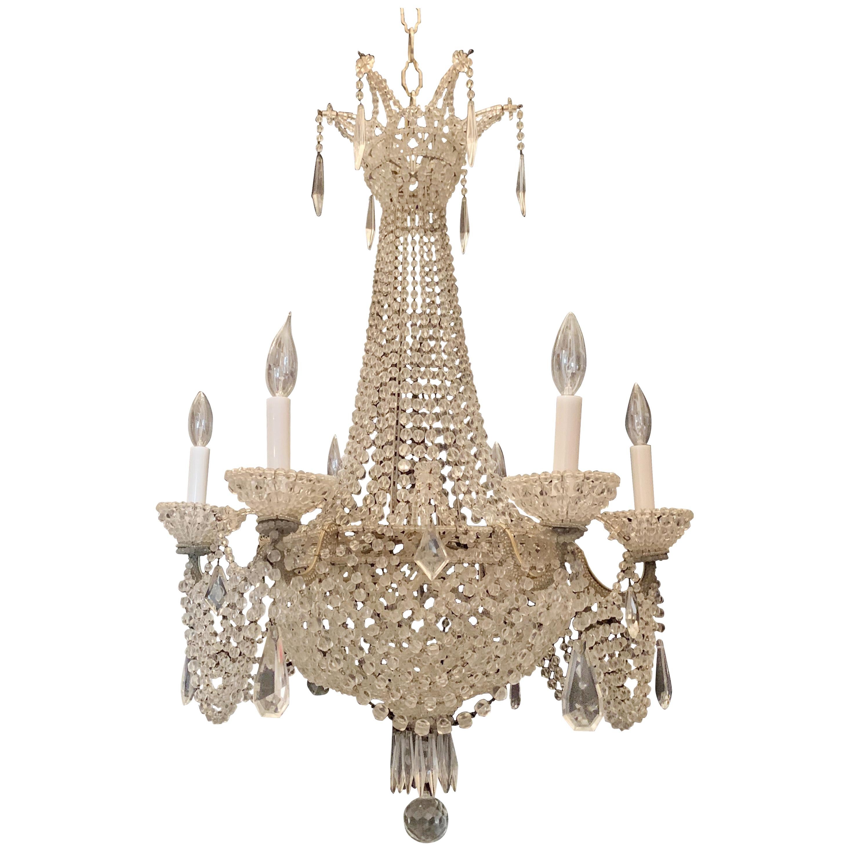 Fine French Beaded Crystal Basket Lattice Cascading Swag Large Chandelier For Sale