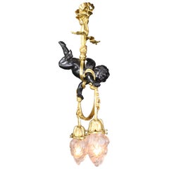 Fine French Belle Époque 2-Light Patinated & Gilt-Bronze Cherub-Cupid Chandelier