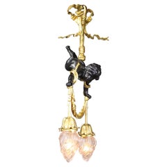 Fine French Belle Époque 2-Light Patinated & Gilt-Bronze Cherub-Cupid Chandelier