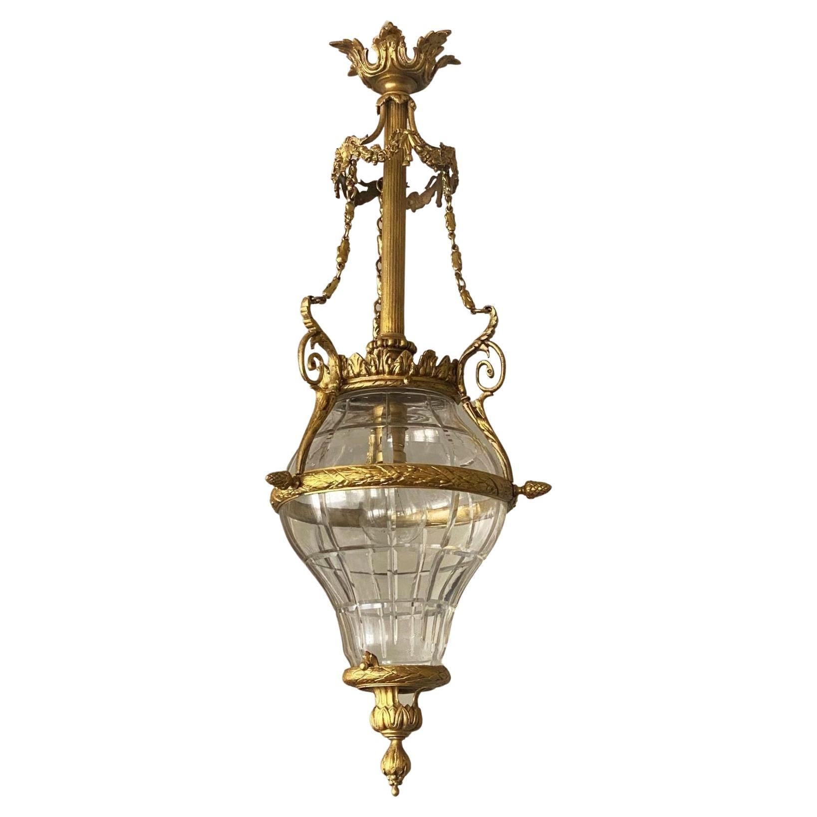 Lanterne française Belle Époque en verre taillé et bronze doré, 1900-1910