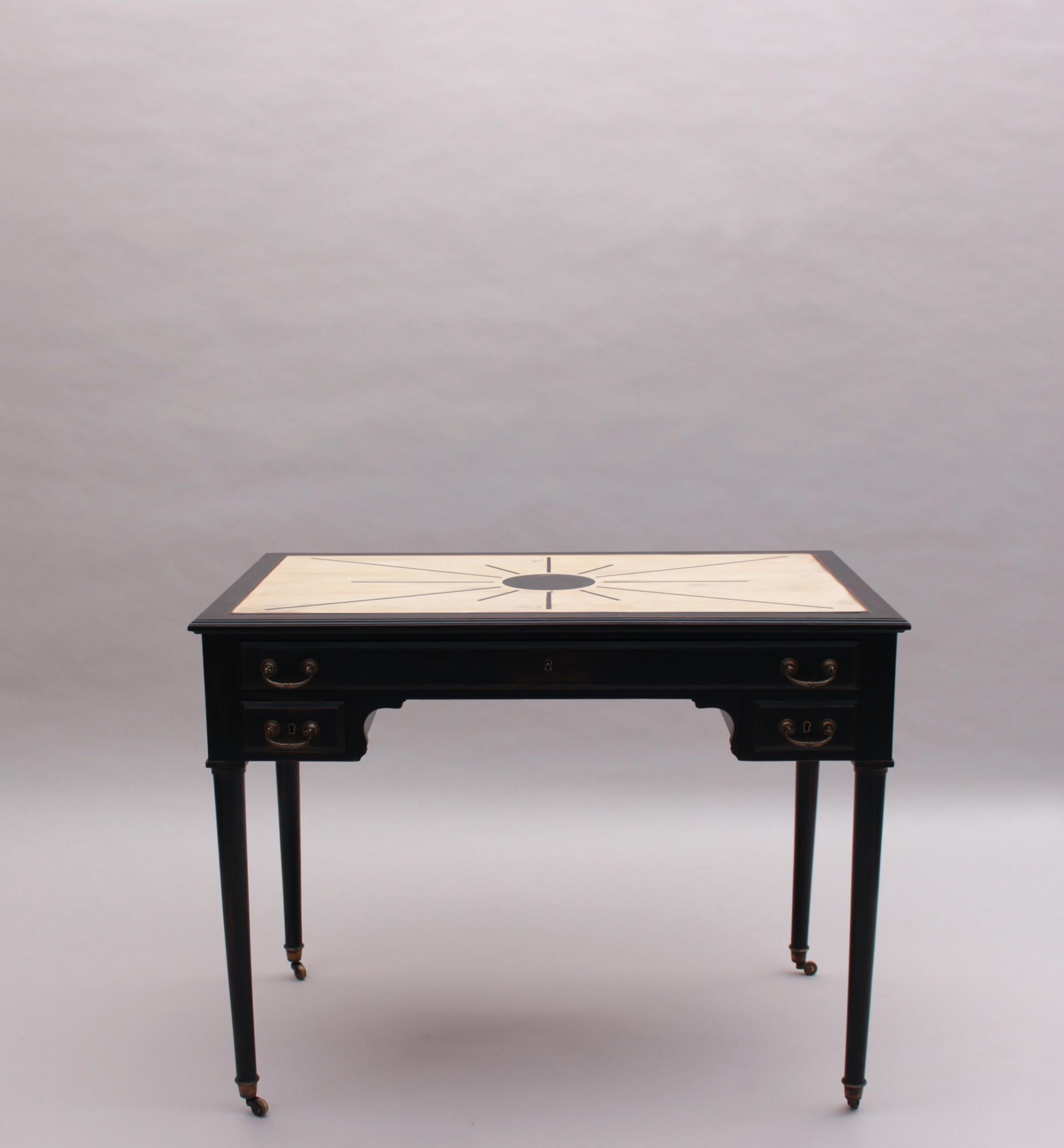 Brass Fine French Blackened Wood Desk with an Off White Lacquered Top with Inlays For Sale