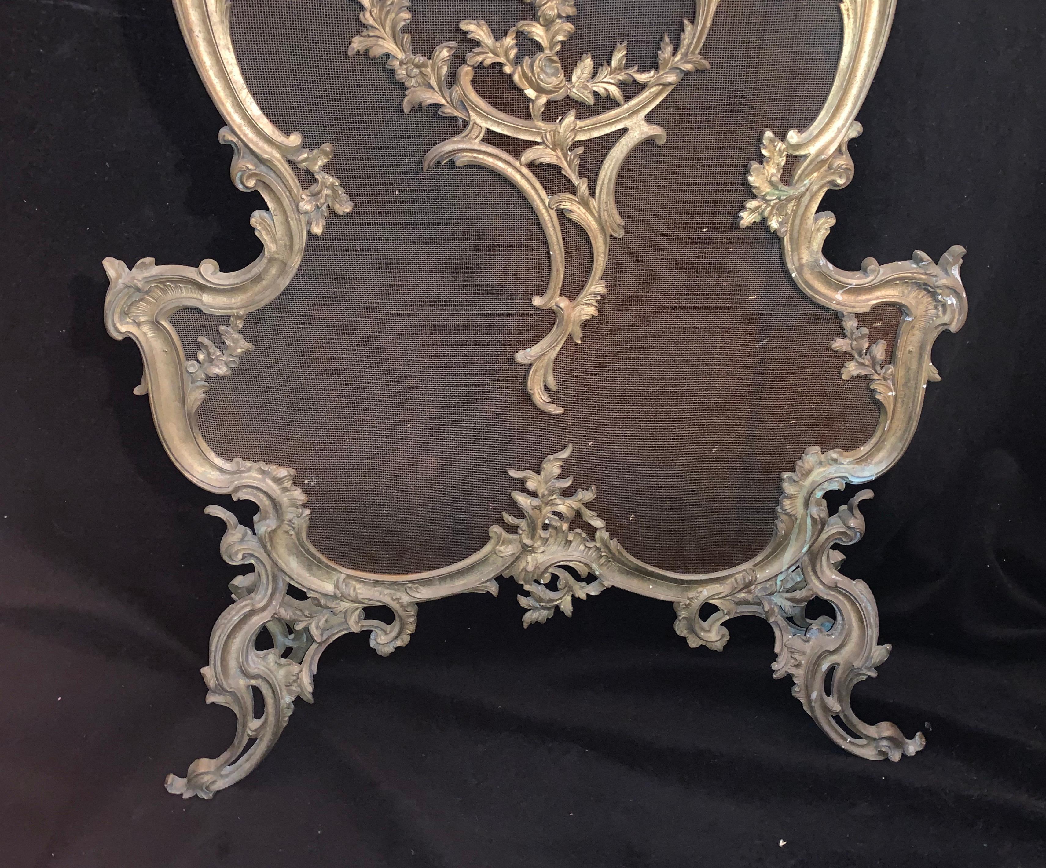 Rococo Fine French Bronze Fireplace Ormolu Fire Place Screen Flower Garland Roccoco For Sale