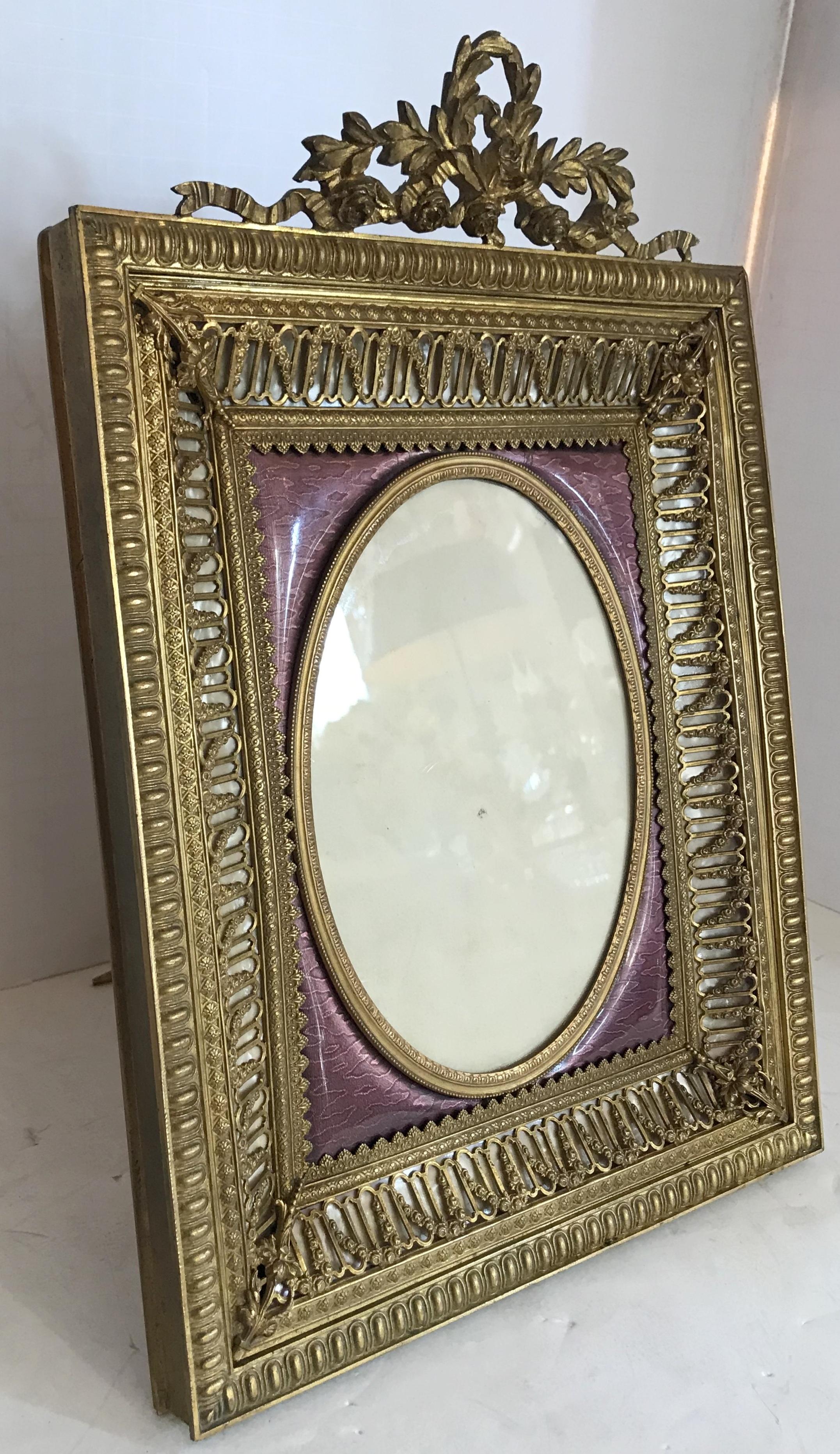 Gilt Fine French Bronze Ormolu Purple Guilloche Enamel Mother-of-pearl Picture Frame