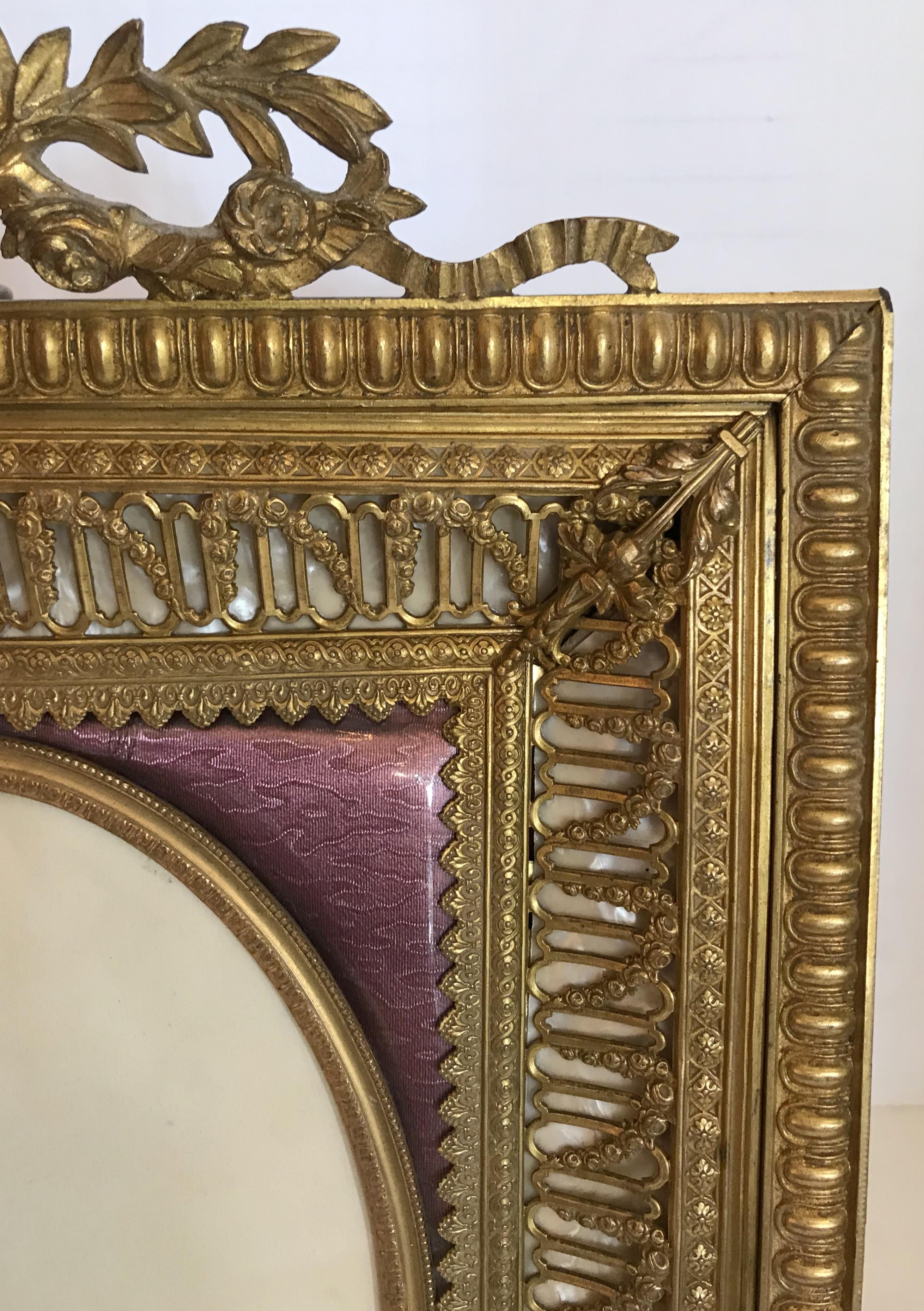 20th Century Fine French Bronze Ormolu Purple Guilloche Enamel Mother-of-pearl Picture Frame