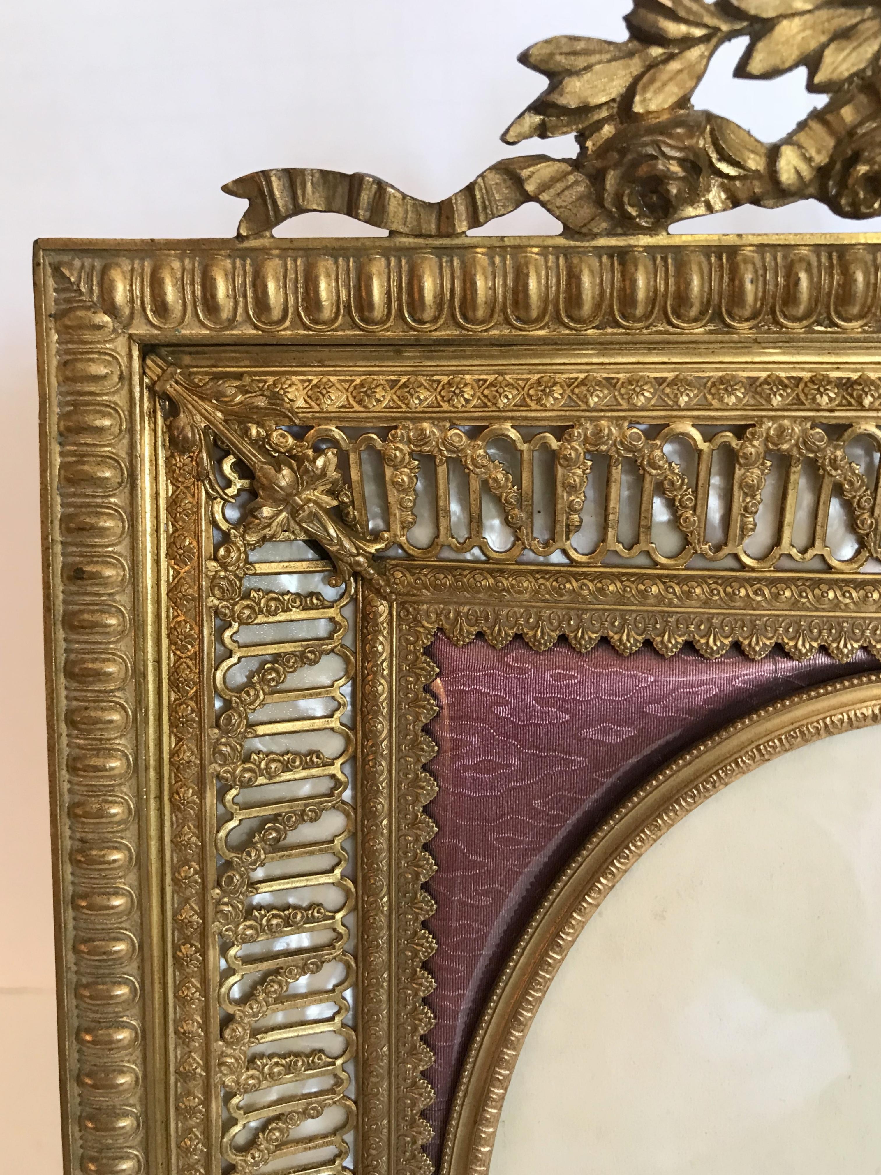 Mother-of-Pearl Fine French Bronze Ormolu Purple Guilloche Enamel Mother-of-pearl Picture Frame