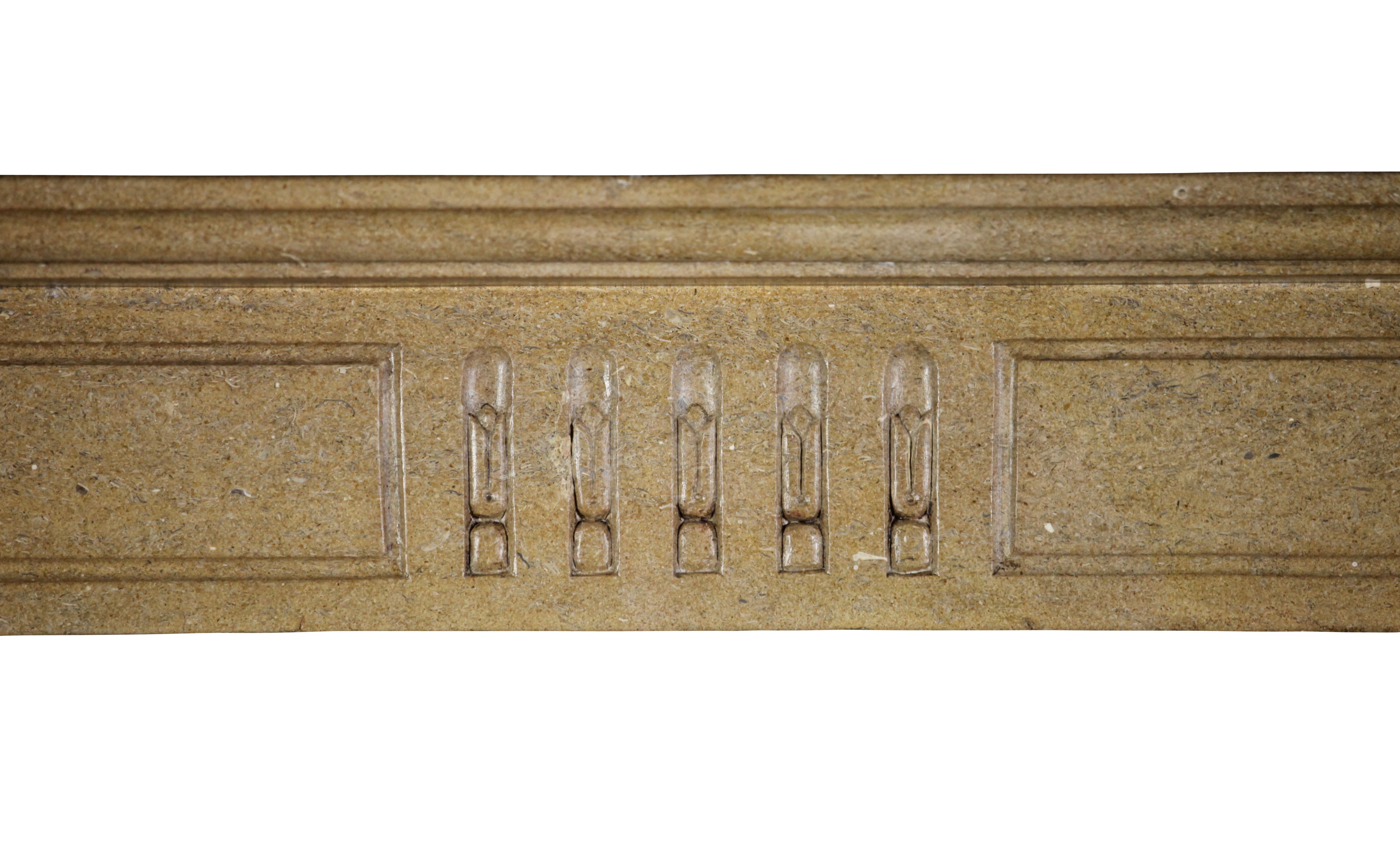A fine 18th century French chimney piece. This is a fine Louis XVI period small bourguignon original antique fireplace surround from the Dijon region. It was installed in a paneled room in a Classic interior.
Measures:
130 cm exterior width 51.18