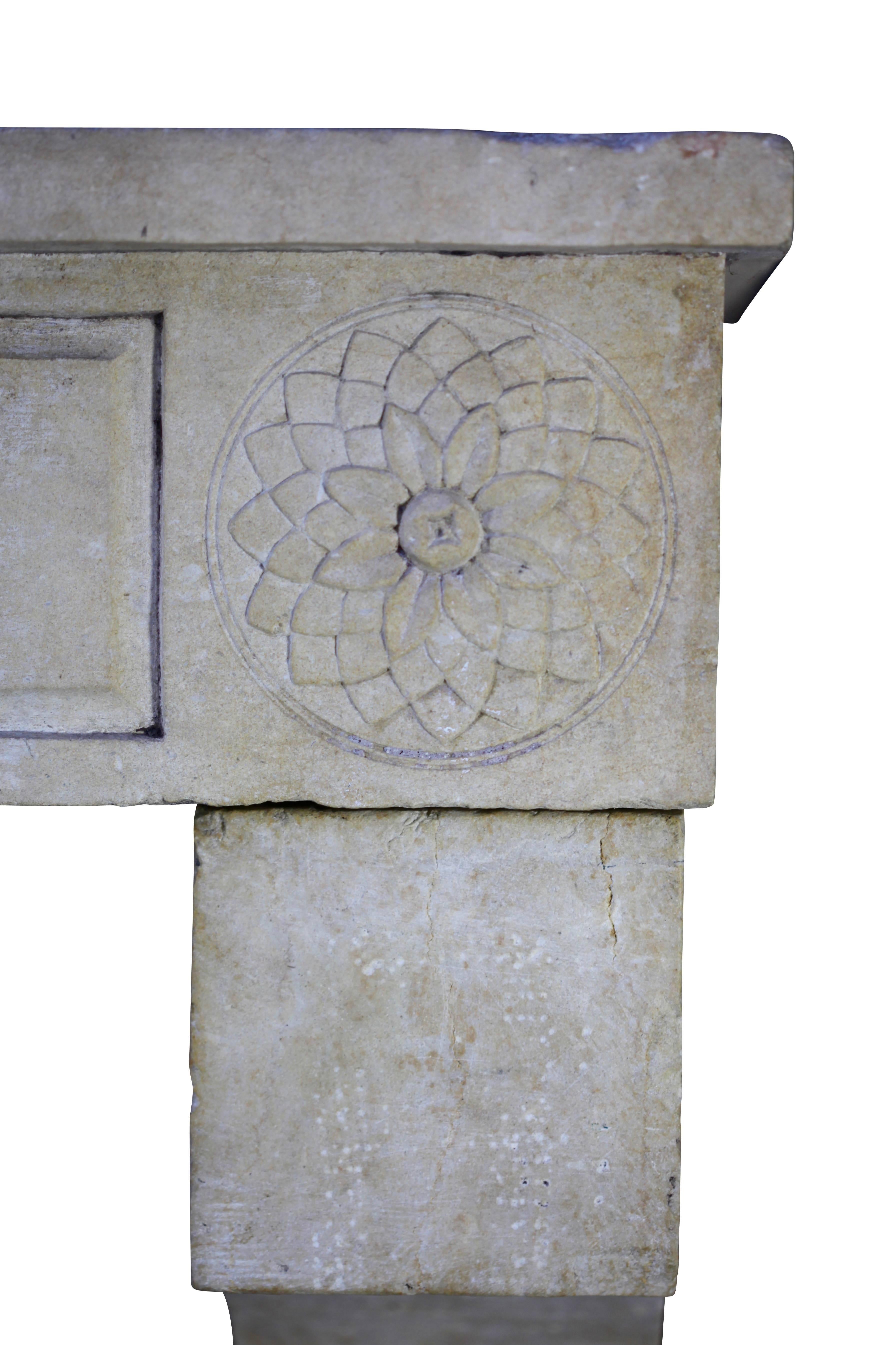 Carved Fine French Country and Classy Antique Fireplace Surround in Limestone For Sale