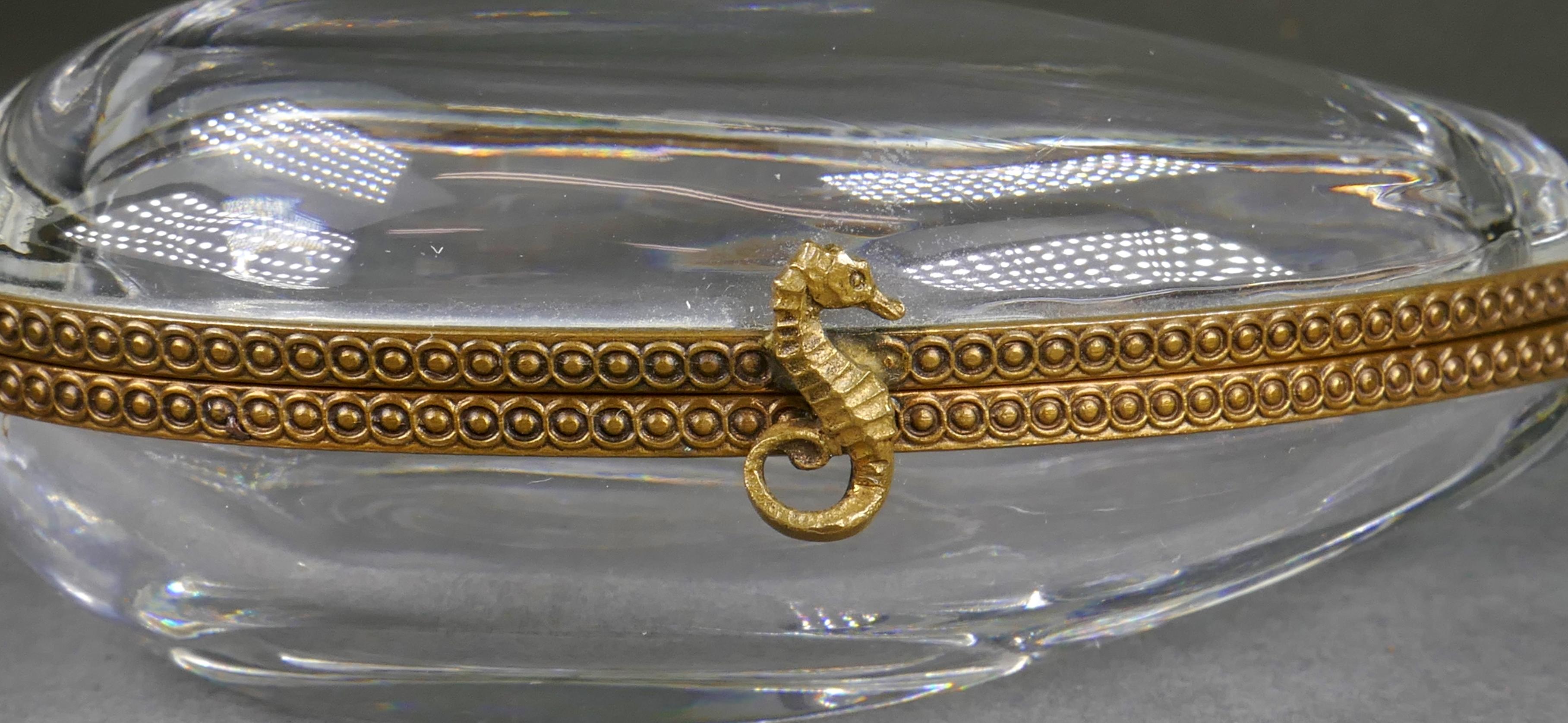 Baroque Fine French Crystal Bivalve Molluscs Gilt Seahorse Jewelry Trinket Box For Sale