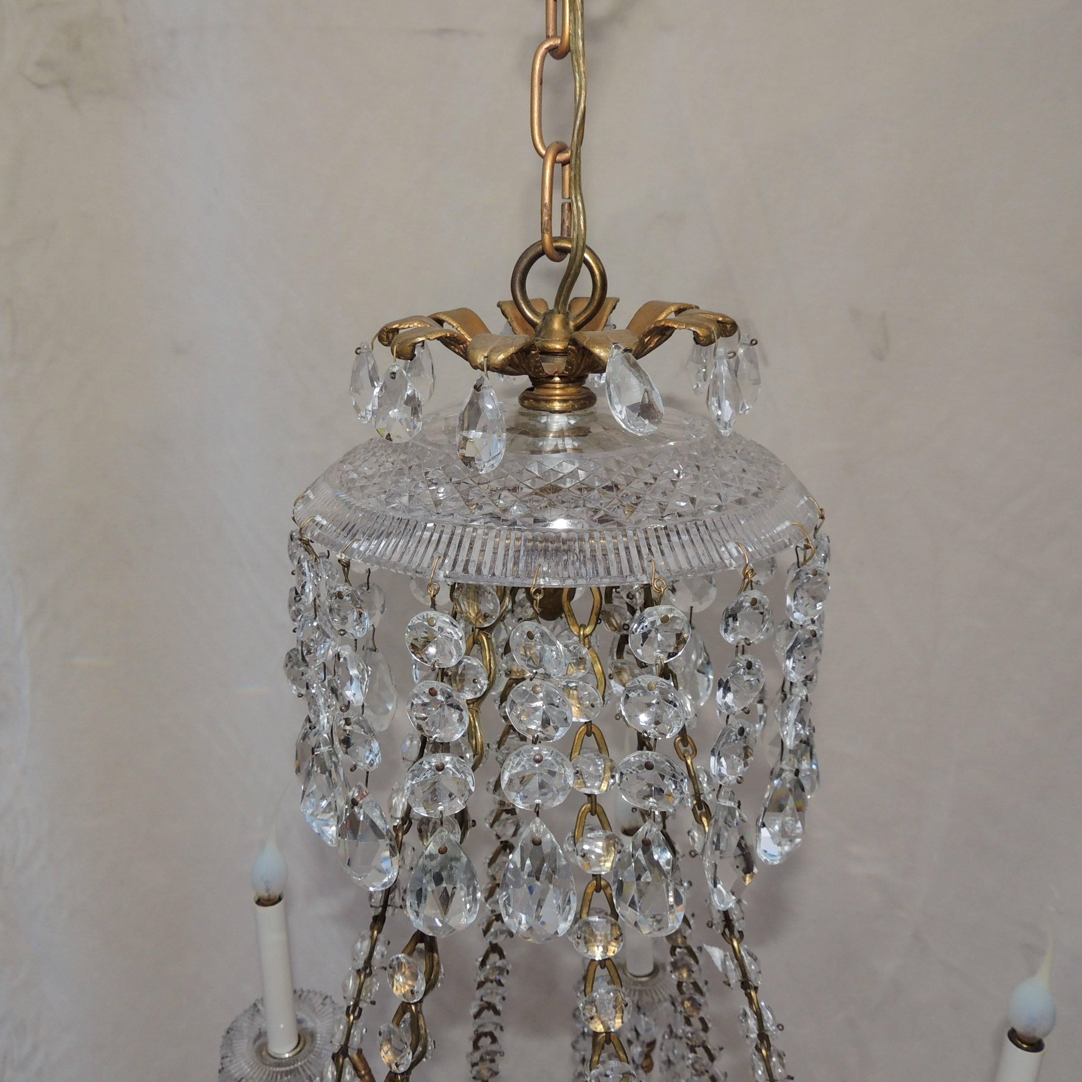 Faceted Fine French Doré Bronze Cut Crystal Bowl Neoclassical Empire Chandelier Fixture