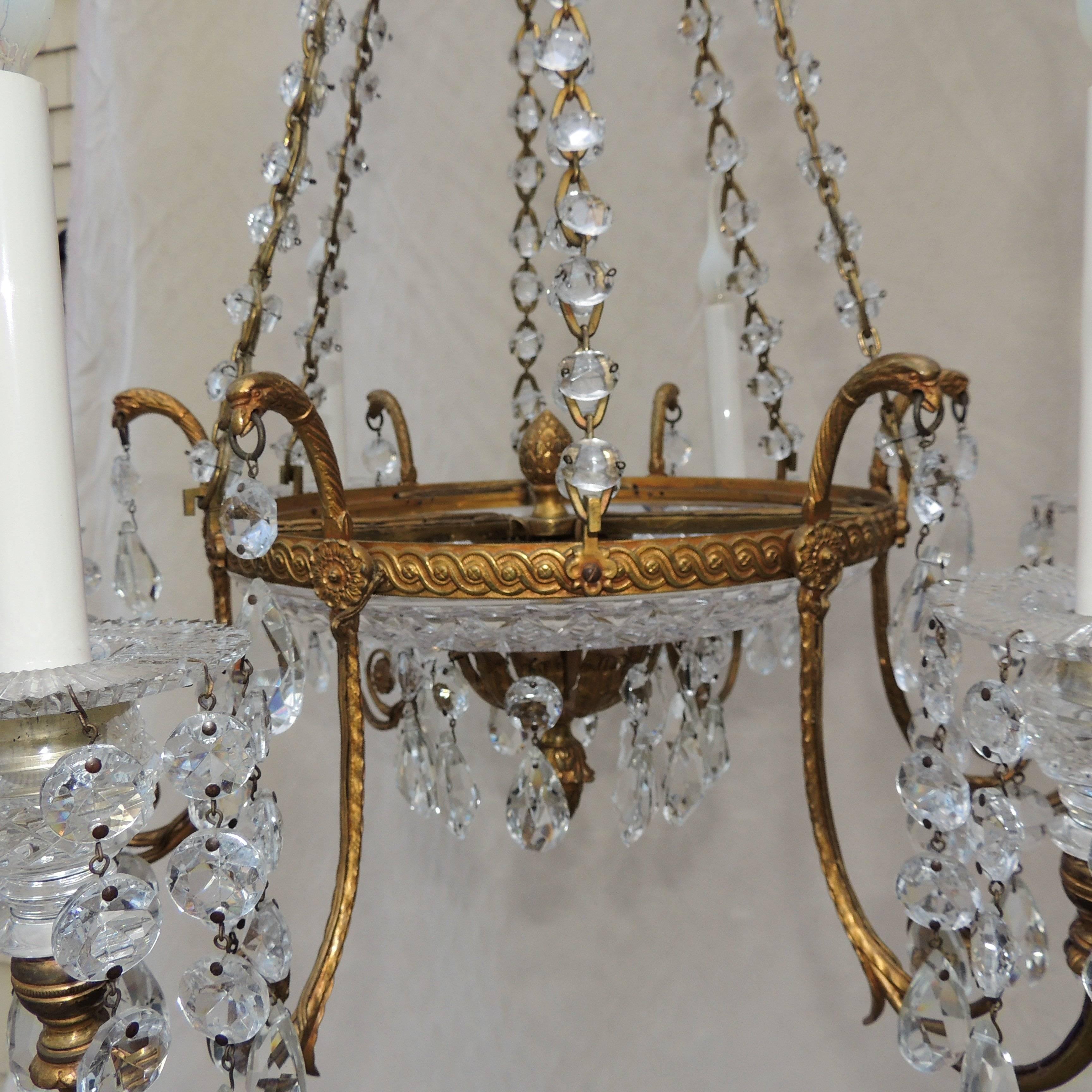Fine French Doré Bronze Cut Crystal Bowl Neoclassical Empire Chandelier Fixture In Good Condition In Roslyn, NY