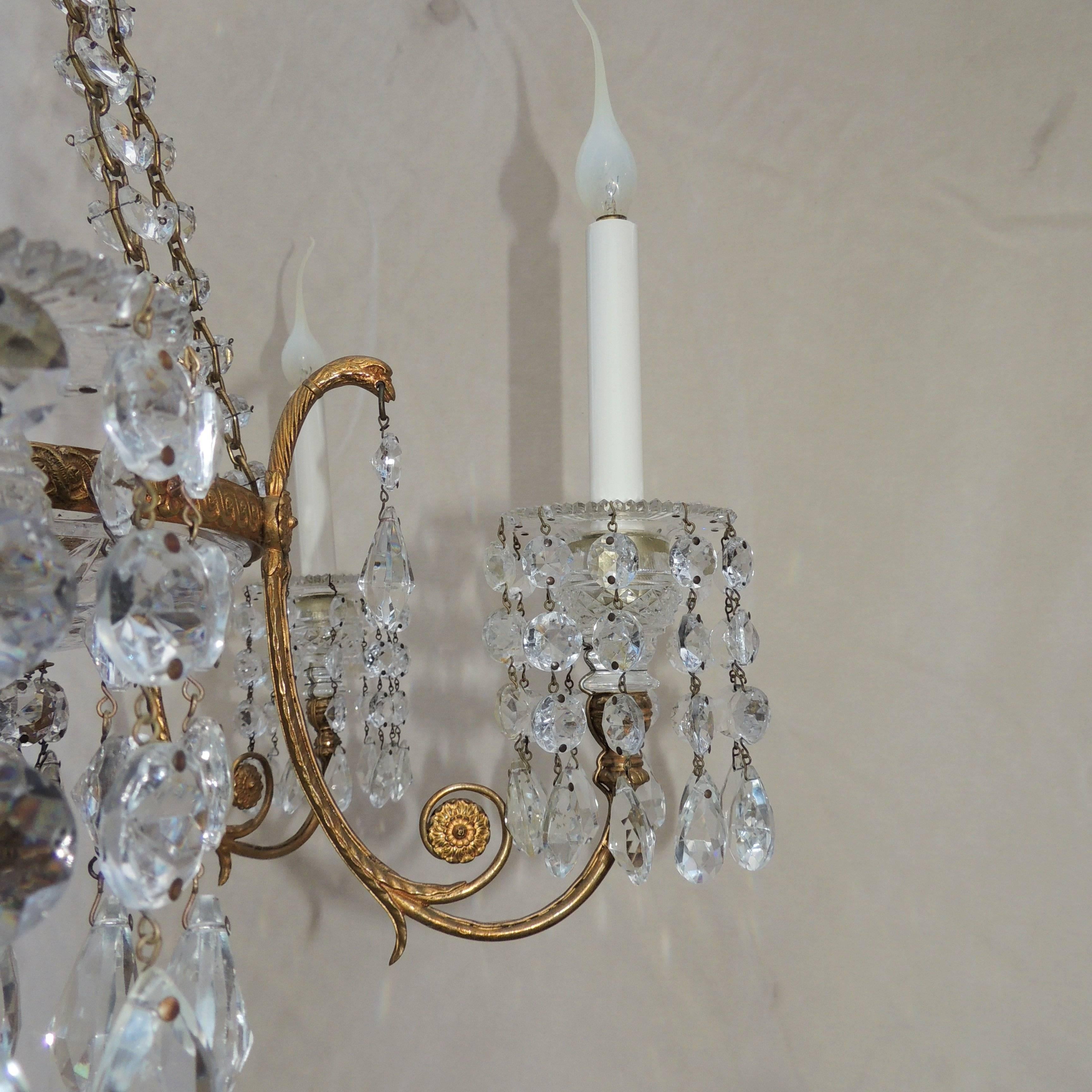 Early 20th Century Fine French Doré Bronze Cut Crystal Bowl Neoclassical Empire Chandelier Fixture