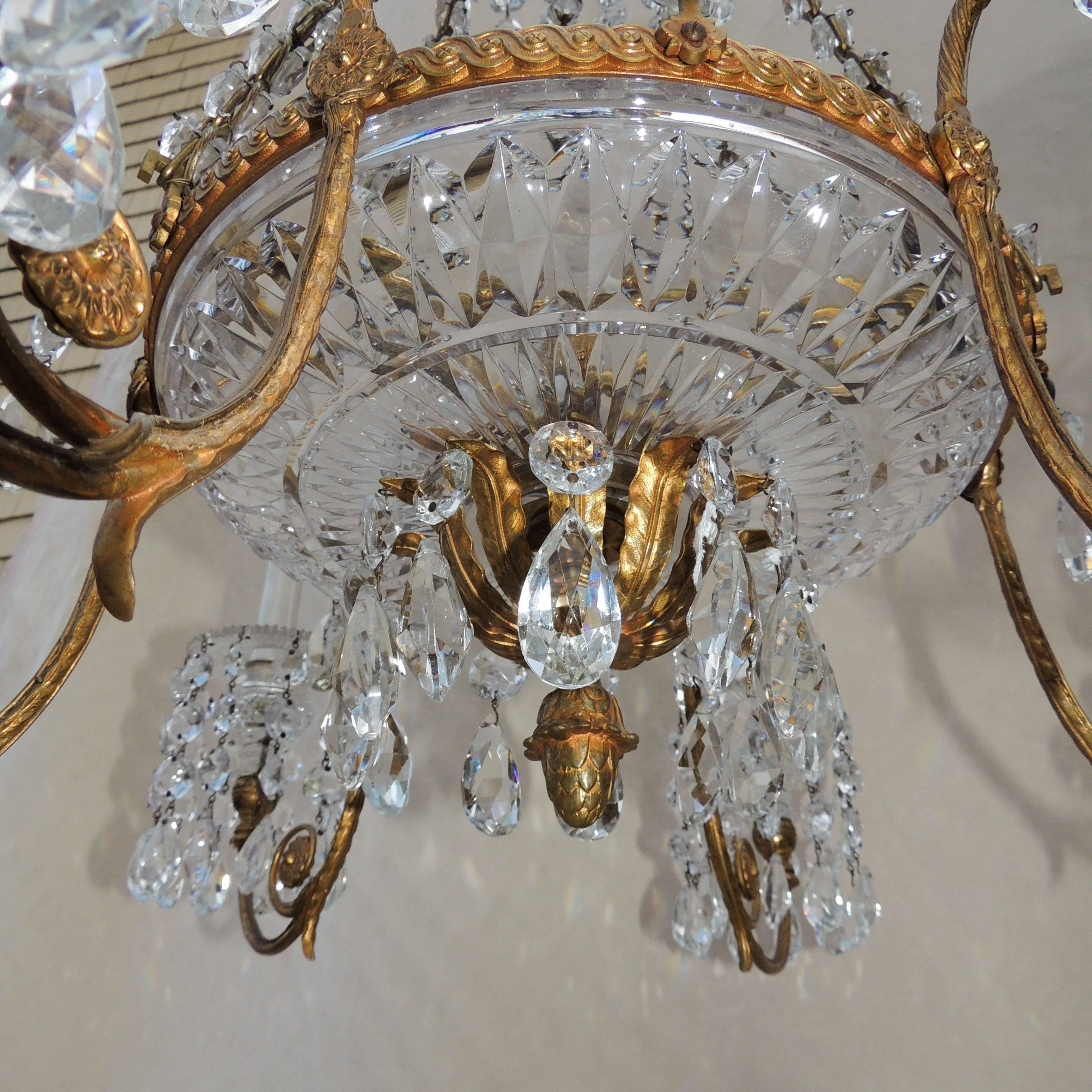 Fine French Doré Bronze Cut Crystal Bowl Neoclassical Empire Chandelier Fixture 2