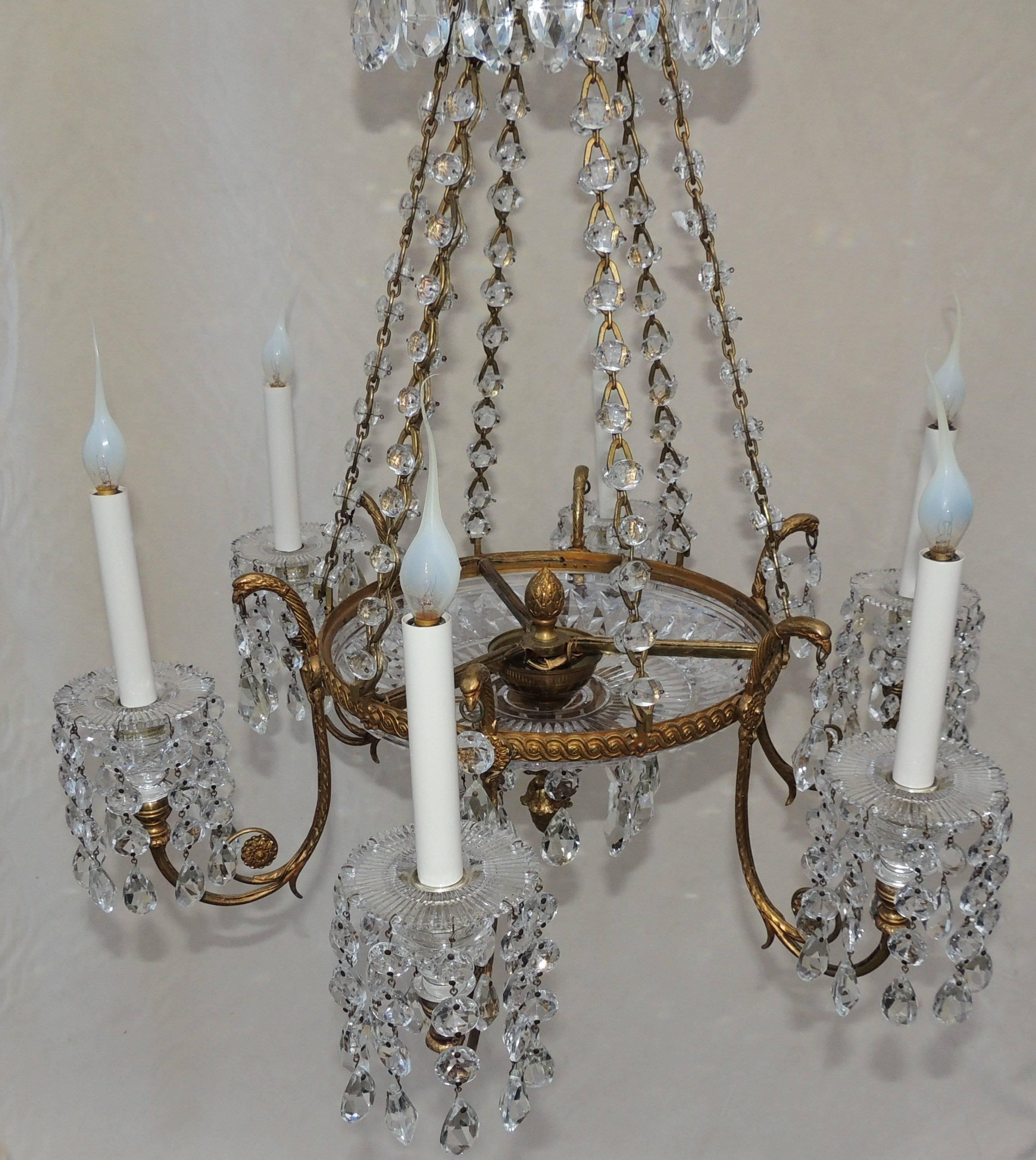 Fine French Doré Bronze Cut Crystal Bowl Neoclassical Empire Chandelier Fixture 3