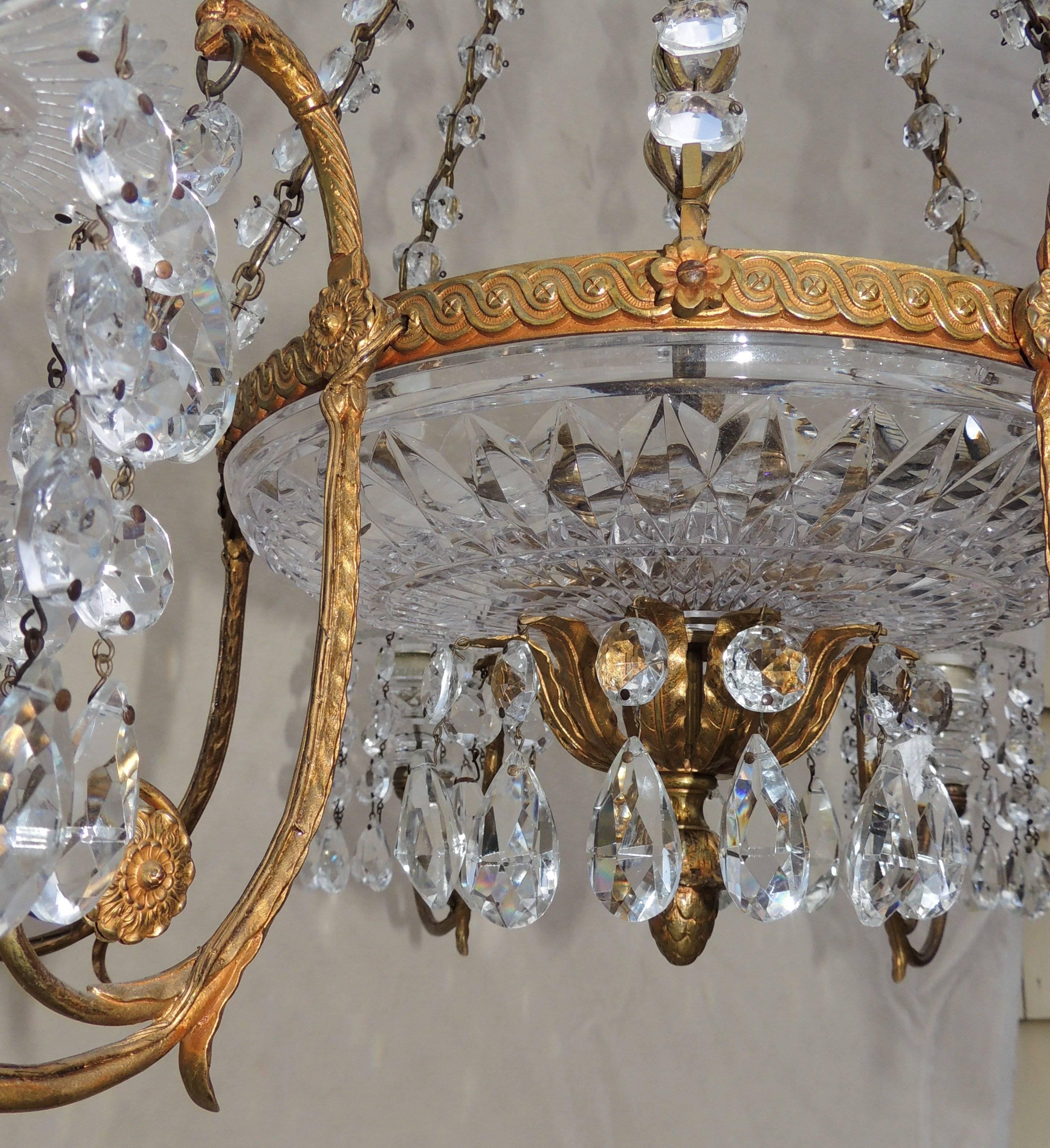 Fine French Doré Bronze Cut Crystal Bowl Neoclassical Empire Chandelier Fixture 4