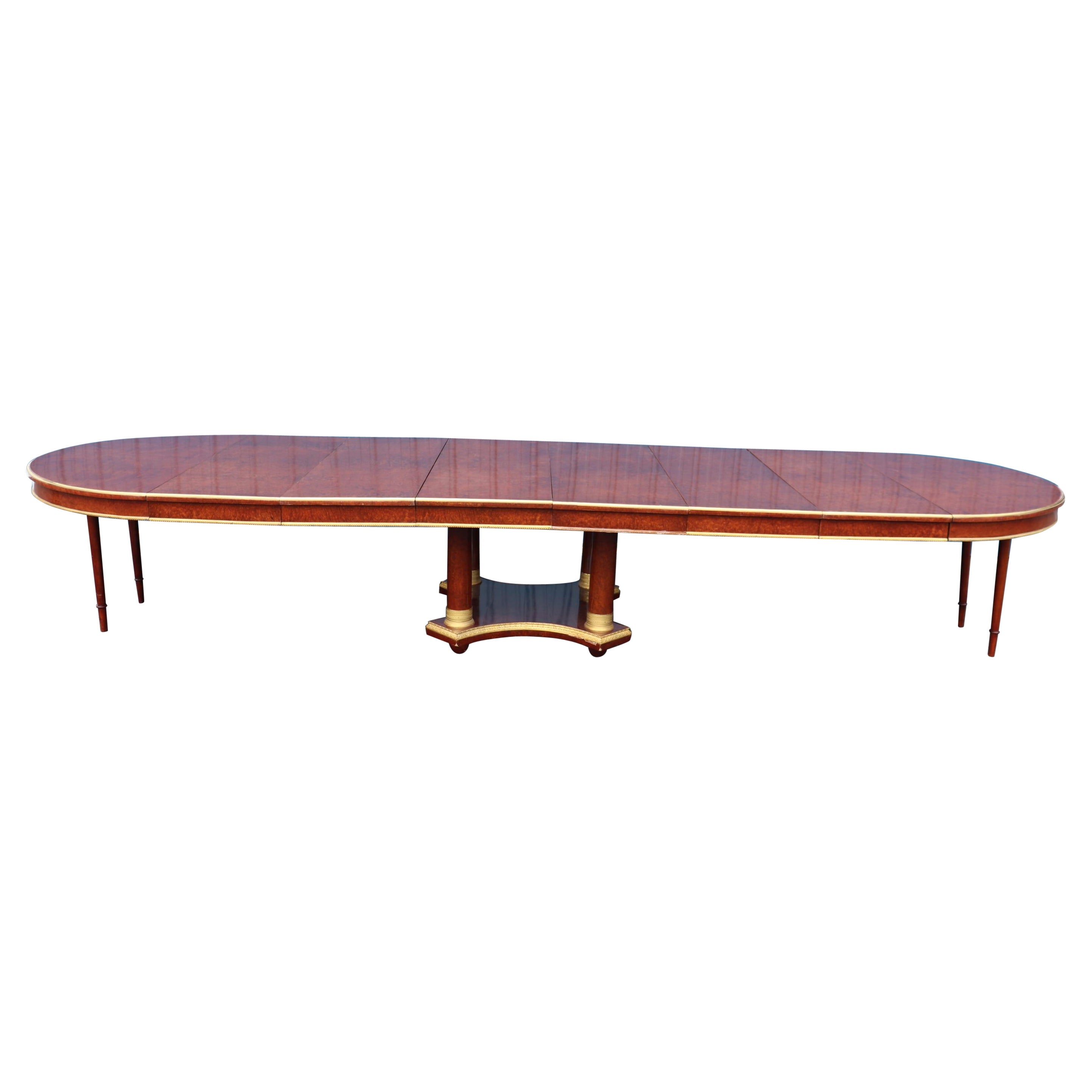 Fine French Empire Amboyna Burl Gilt Dor'e Bronze 14 FT Dining Table w 6 Leaves