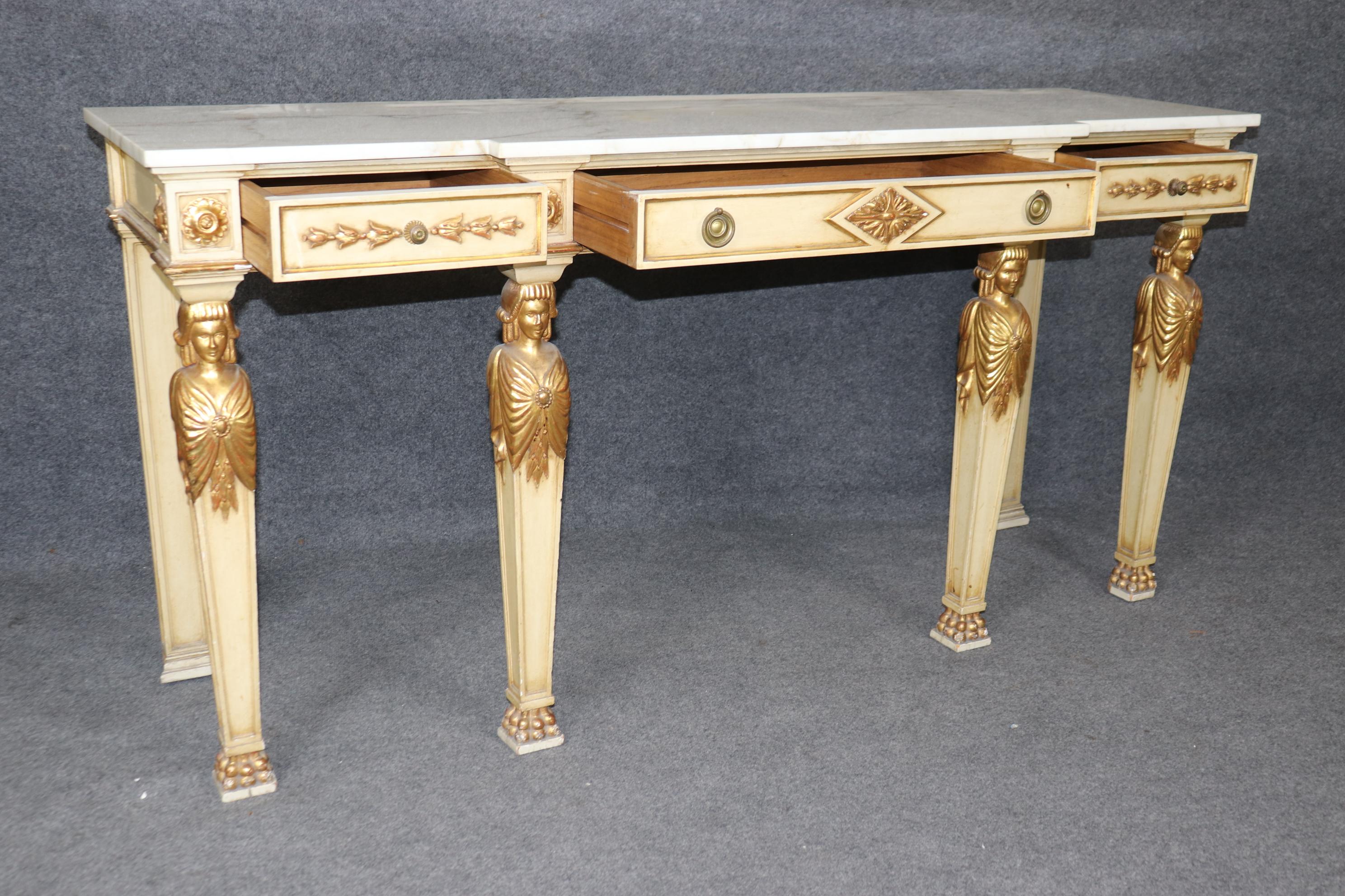 Fine French Empire Creme and Gilded Figural Marble Top Console Sofa Table In Good Condition For Sale In Swedesboro, NJ