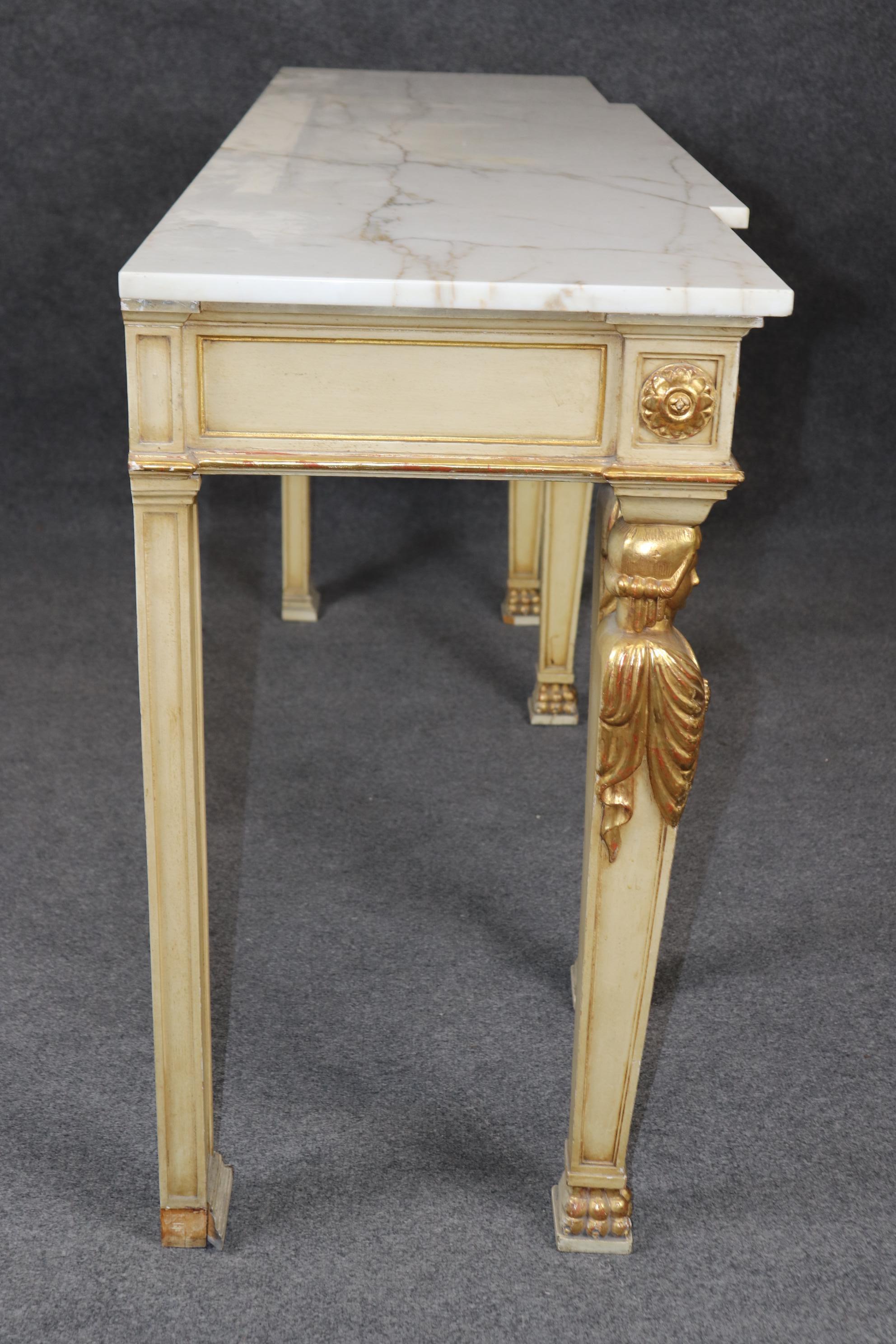 Fine French Empire Creme and Gilded Figural Marble Top Console Sofa Table For Sale 2