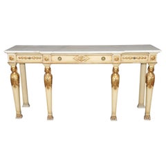 Fine French Empire Creme and Gilded Figural Marble Top Console Sofa Table