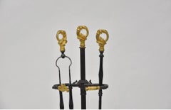 Fine French Empire Doré Bronze Patinated Snake Lion Fireplace Tools Set Stand