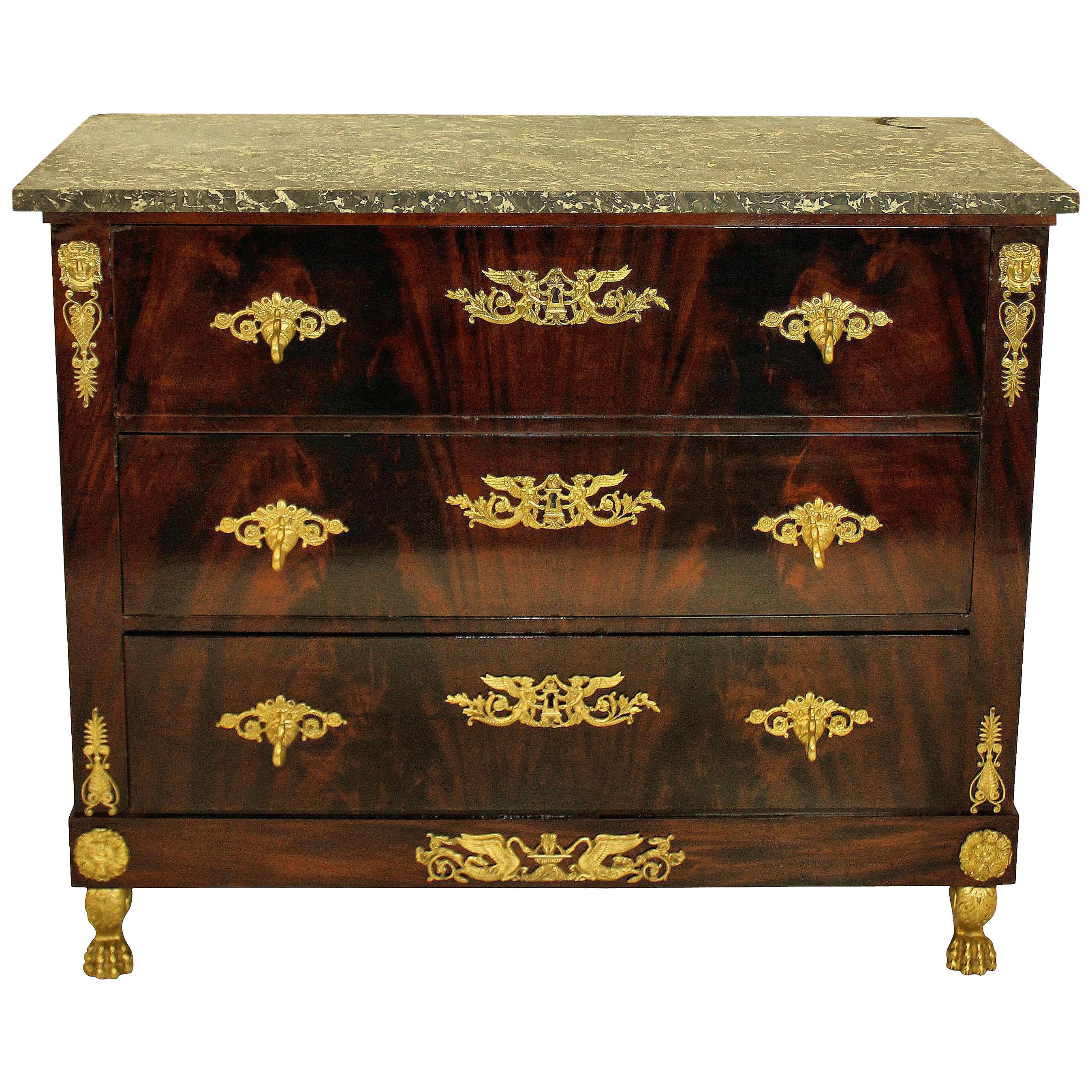 Fine French Empire Flame Mahogany and Gilt Bronze Mounted Commode